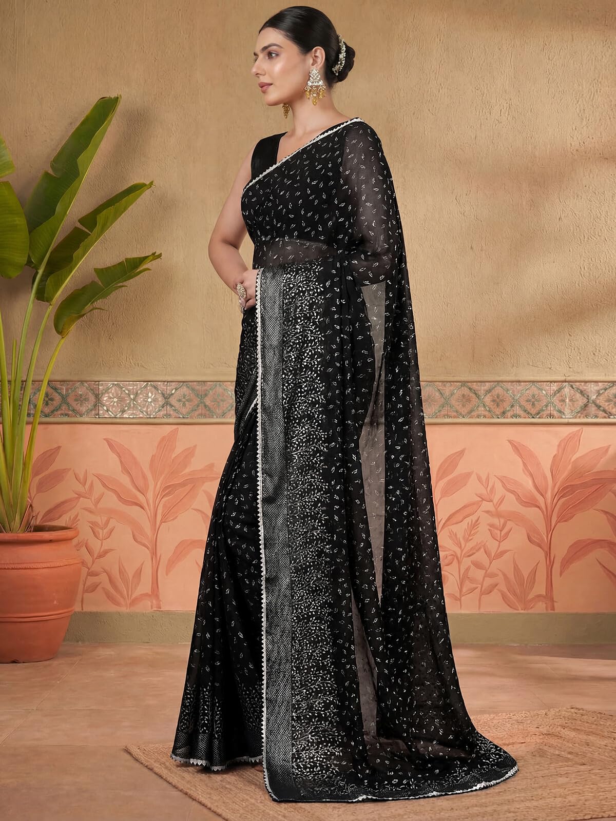 SIRIL Women's Georgette Gota Lace Foil Printed Saree with Unstitched Blouse Piece (4647S438A_Black)