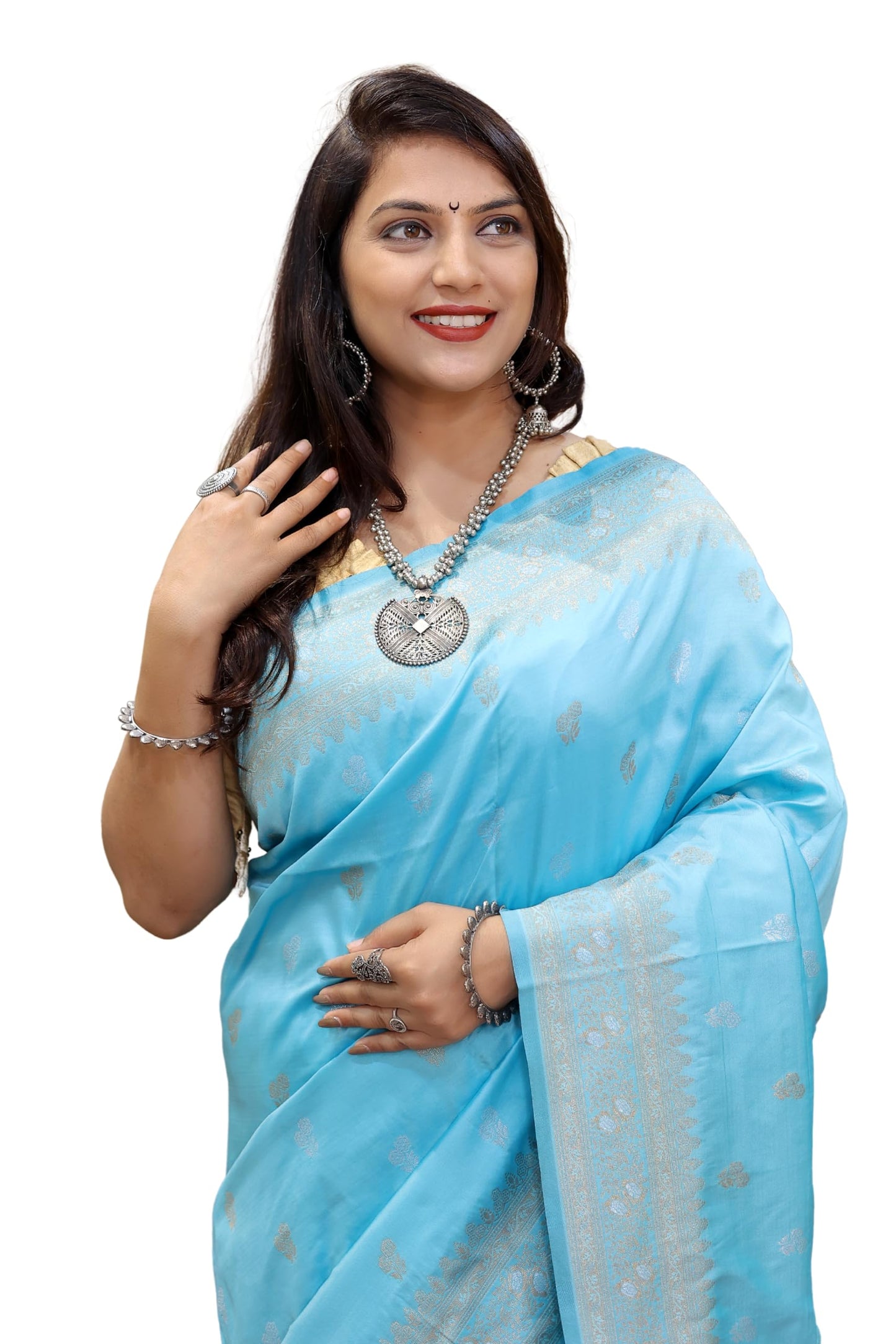 AMIRAT Women's Pure Kanjivaram Soft Silk Saree Banarasi Type With Blouse Piece (Sky Blue)