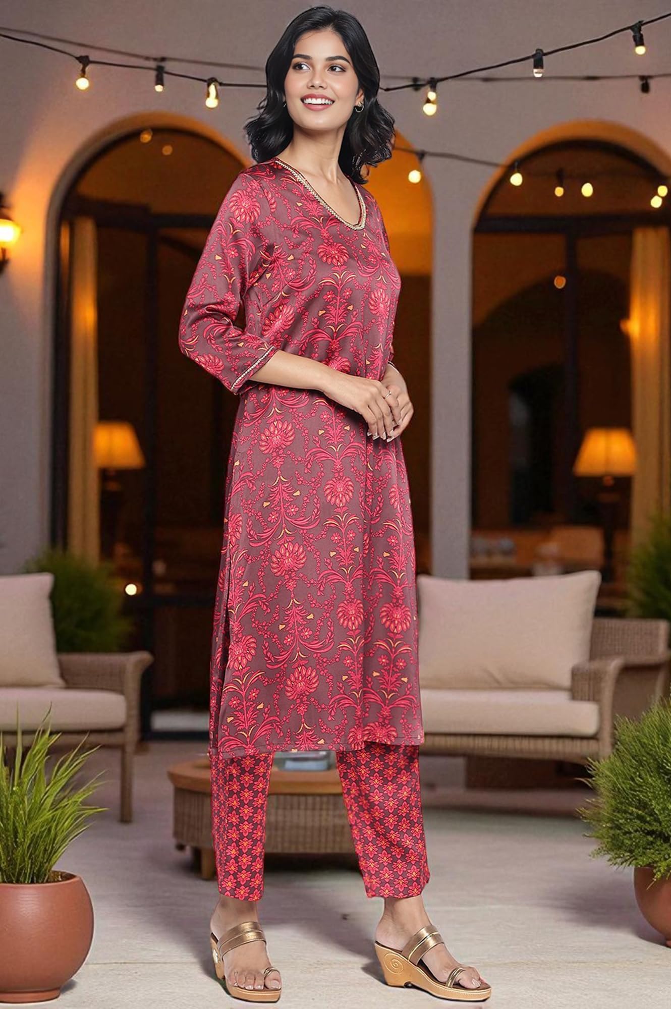 W for Woman Chocolate Brown Printed Japanese Satin A-Line Kurta, Straight Pant and Dupatta Set (Size: XL)-WS13201-126211