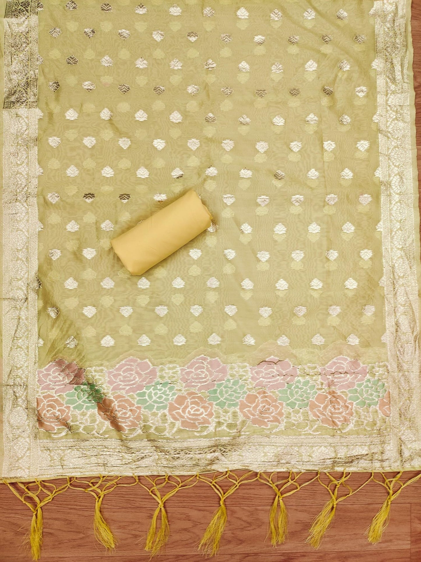 Leeli Peeri Designer Women's Yellow Organza Zari Woven Chevron Design Unstitched Dress Material(807PDM3)