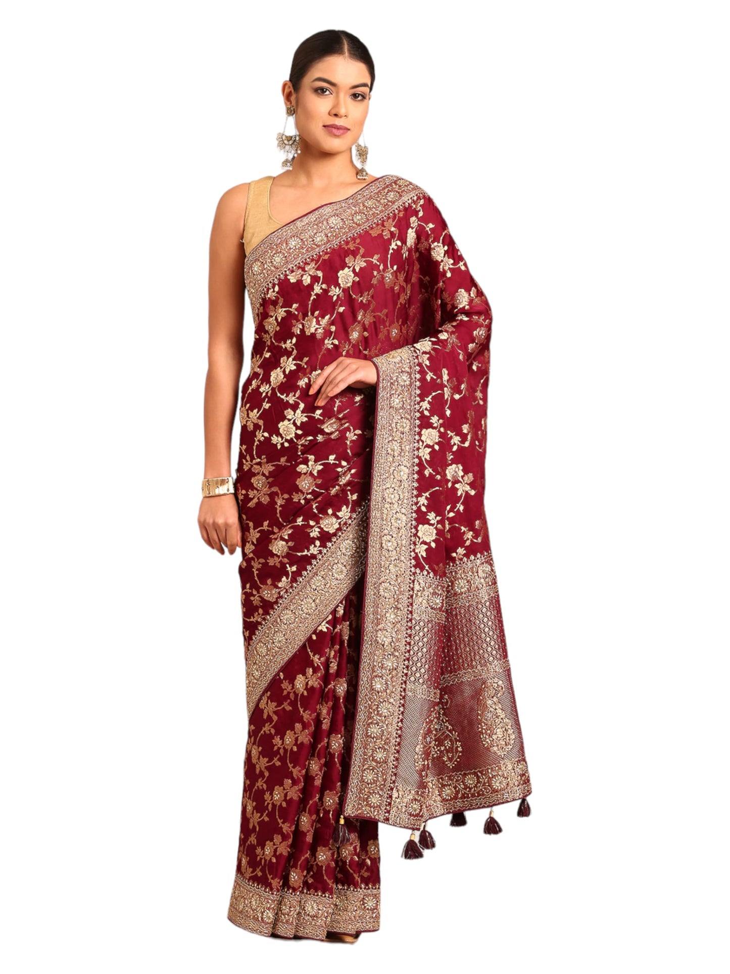 MOHEY Wine Satin Zari Weave |Stone Work Saree for Women