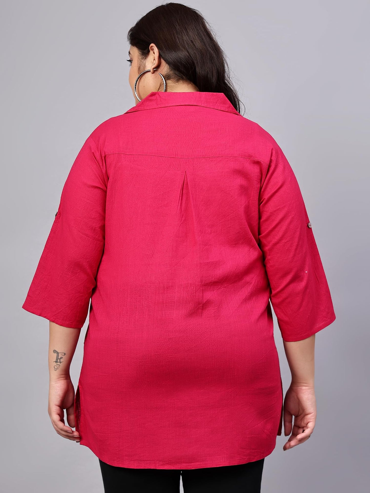 Indietoga Women's Plus Size Cotton Longline Casual Shirt (P10001508_Pink Solid_XL)