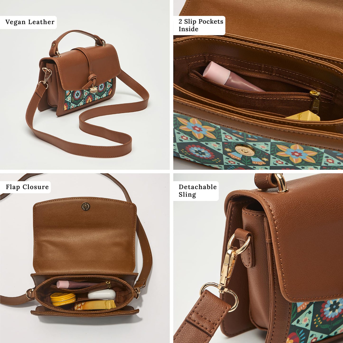 Chumbak London Satchel for Women, Tan Floral PU Leather, Digital Nomad Collection, Structured Zipper Satchel, Elegant and Durable Shoulder Bag for Travel and Work