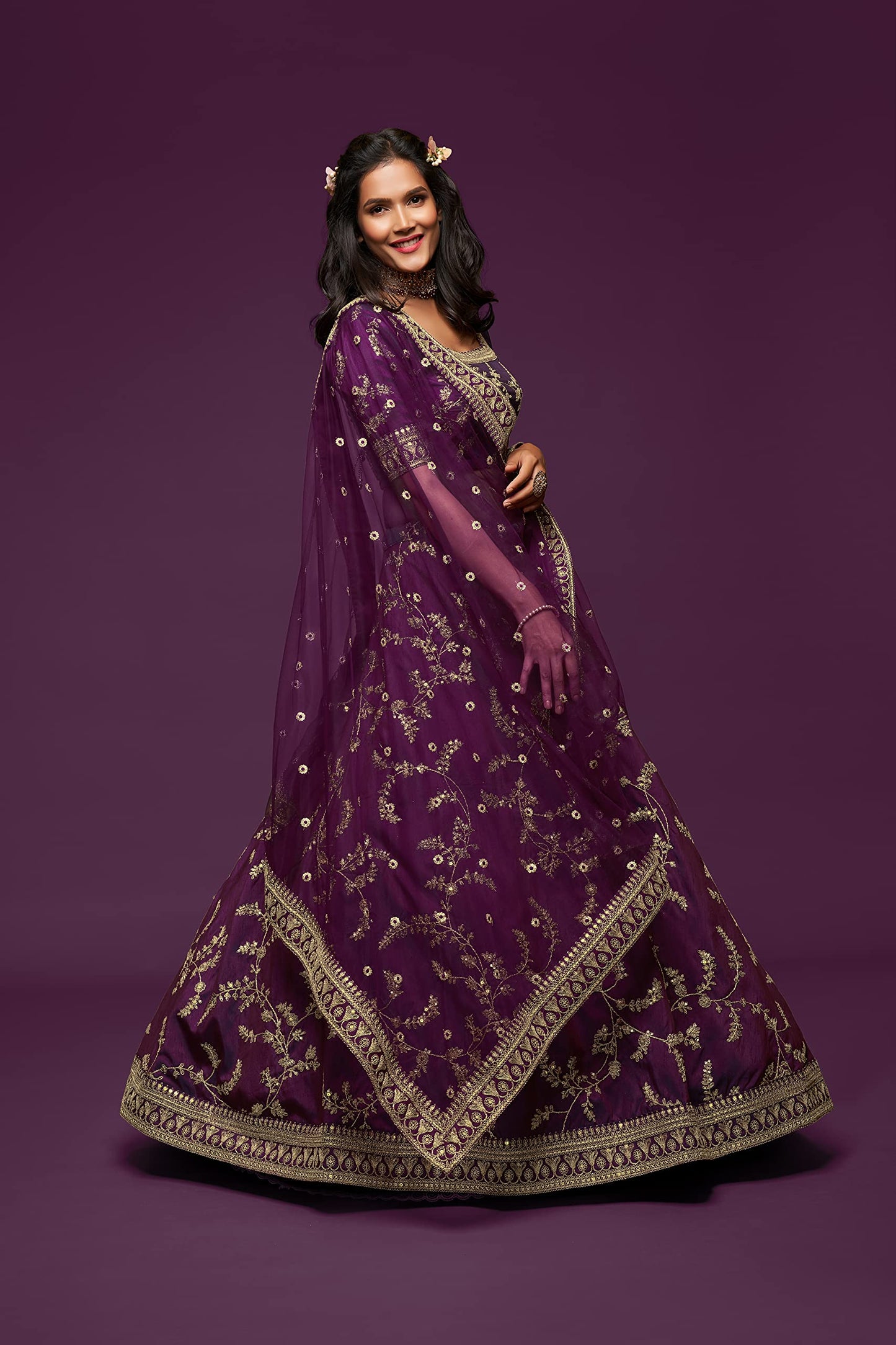 Zeel Clothing Women's Art Silk Semi-Stitched Lehenga Choli with Dupatta (7803-Purple-Wedding-Bridal-Latest-Choli; Free Size) (Purple)