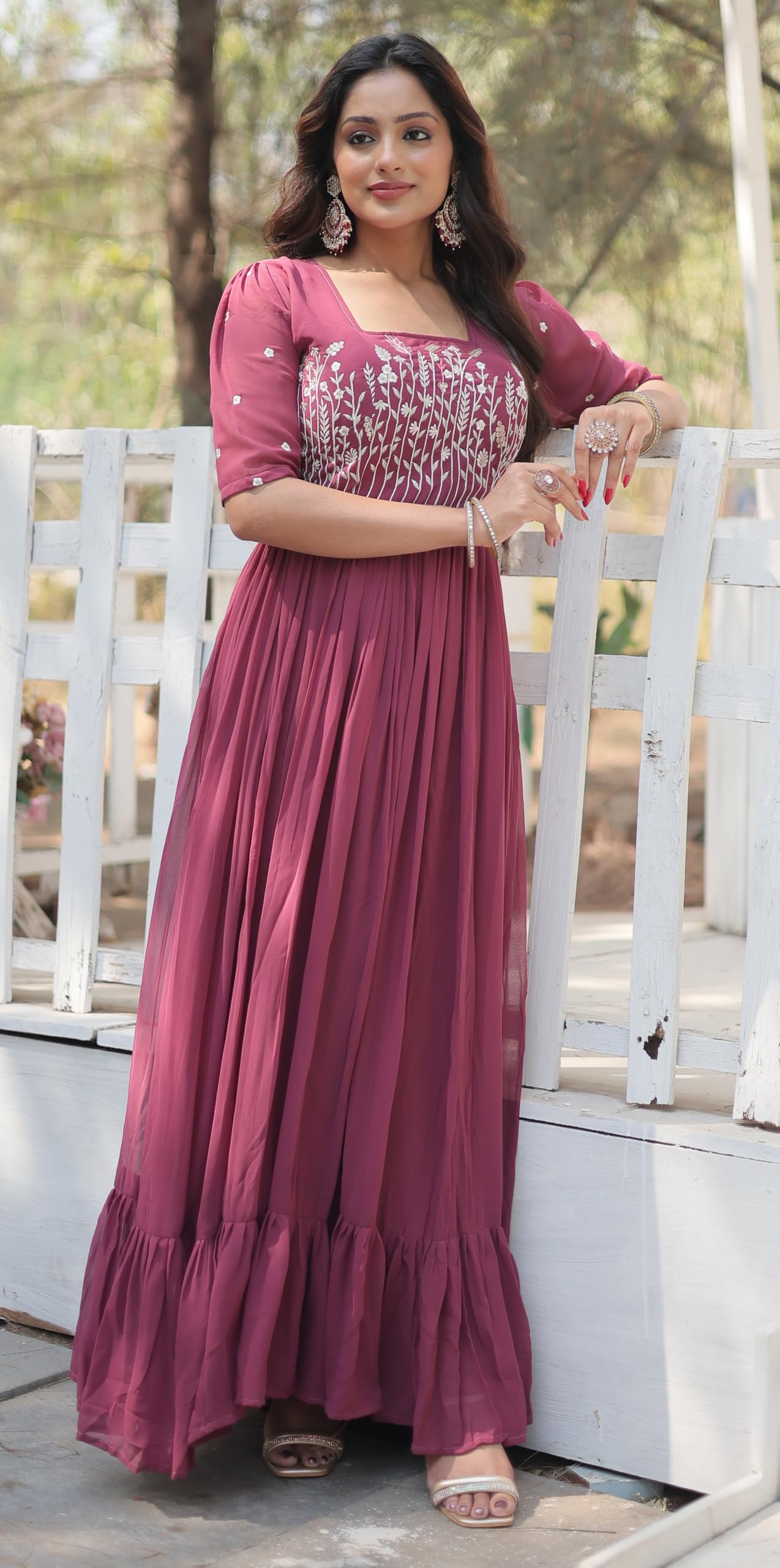 Fashion Basket Georgette Anarkali Gown with Sequins and Embroidery for Women with Long Sleeves (Medium, Magenta)