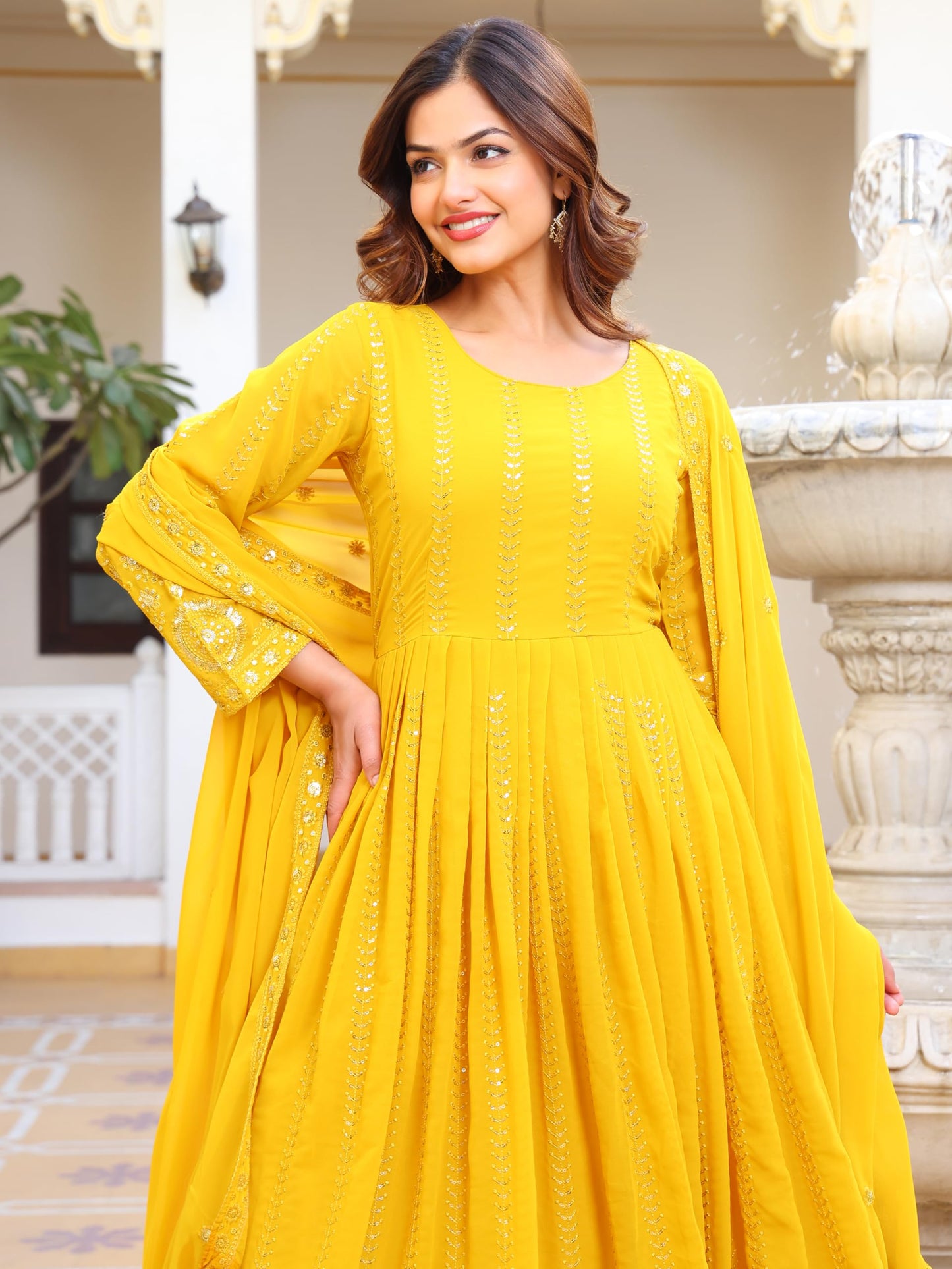 Fashion Basket Embroidered Anarkali Dress for Women Yellow