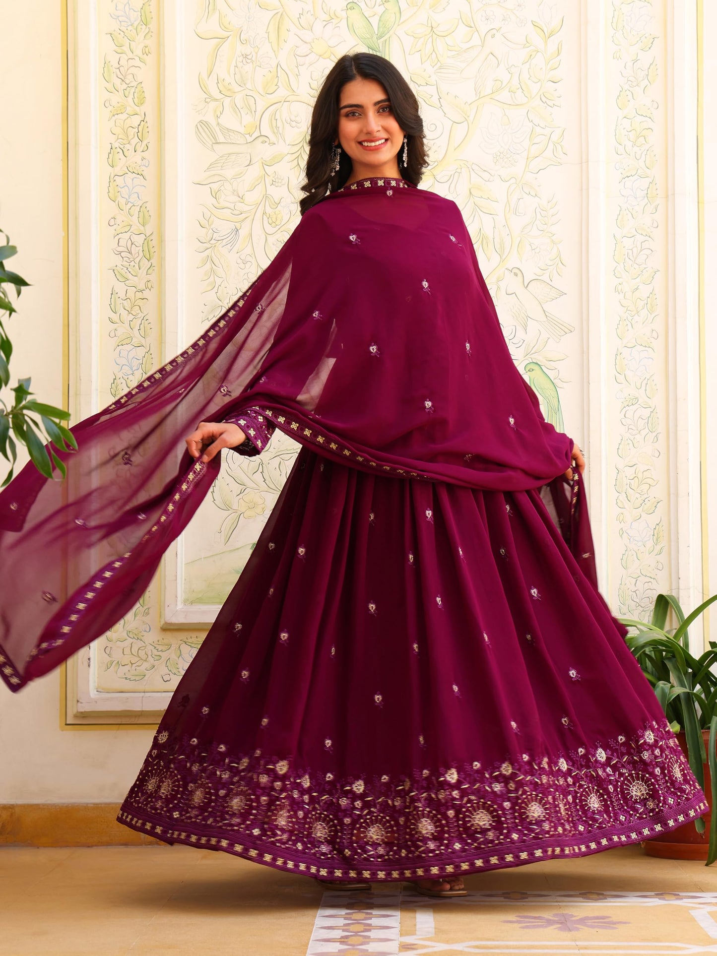 Fashion Basket Georgette Embroidered Anarkali Dress for Women Purple