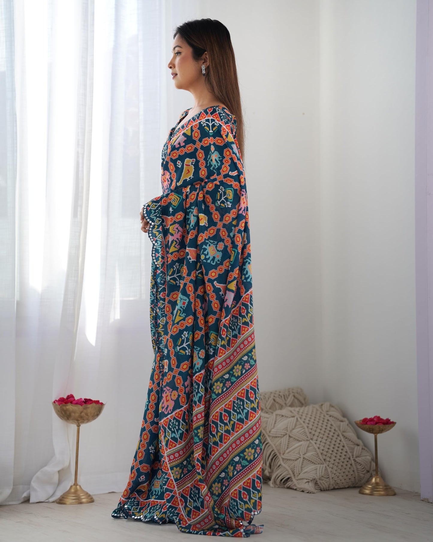 Ethnex Heavy Chinon Kutchi Work Mirror Lace Border Printed Saree With Unstitched Matching Blouse Piece (Dark Blue)