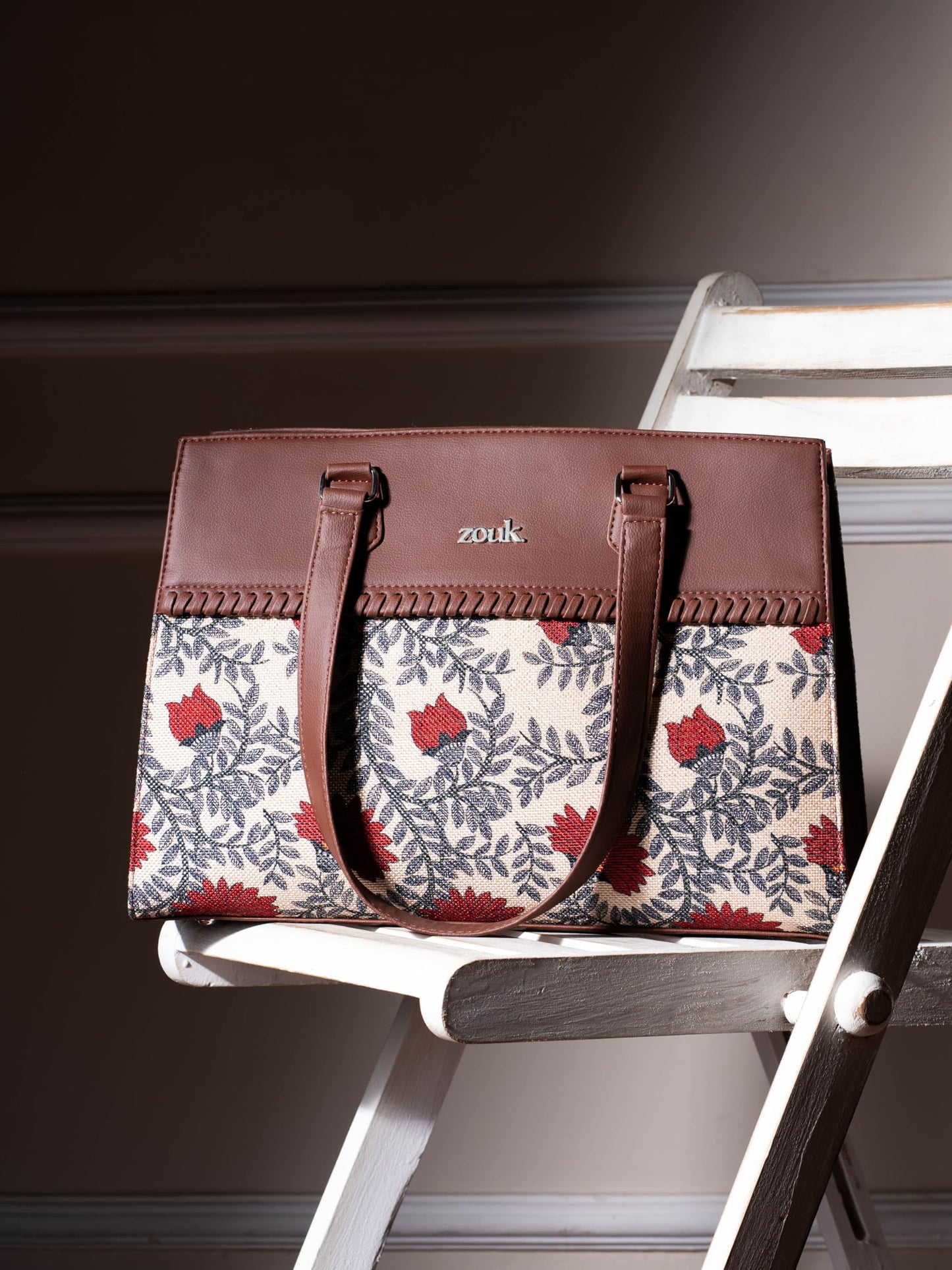 ZOUK Nawabi Couture Statement Business Bag | Jute | Vegan Leather Handcrafted Shoulder Bag Ideal For Office Use| Beige and Red