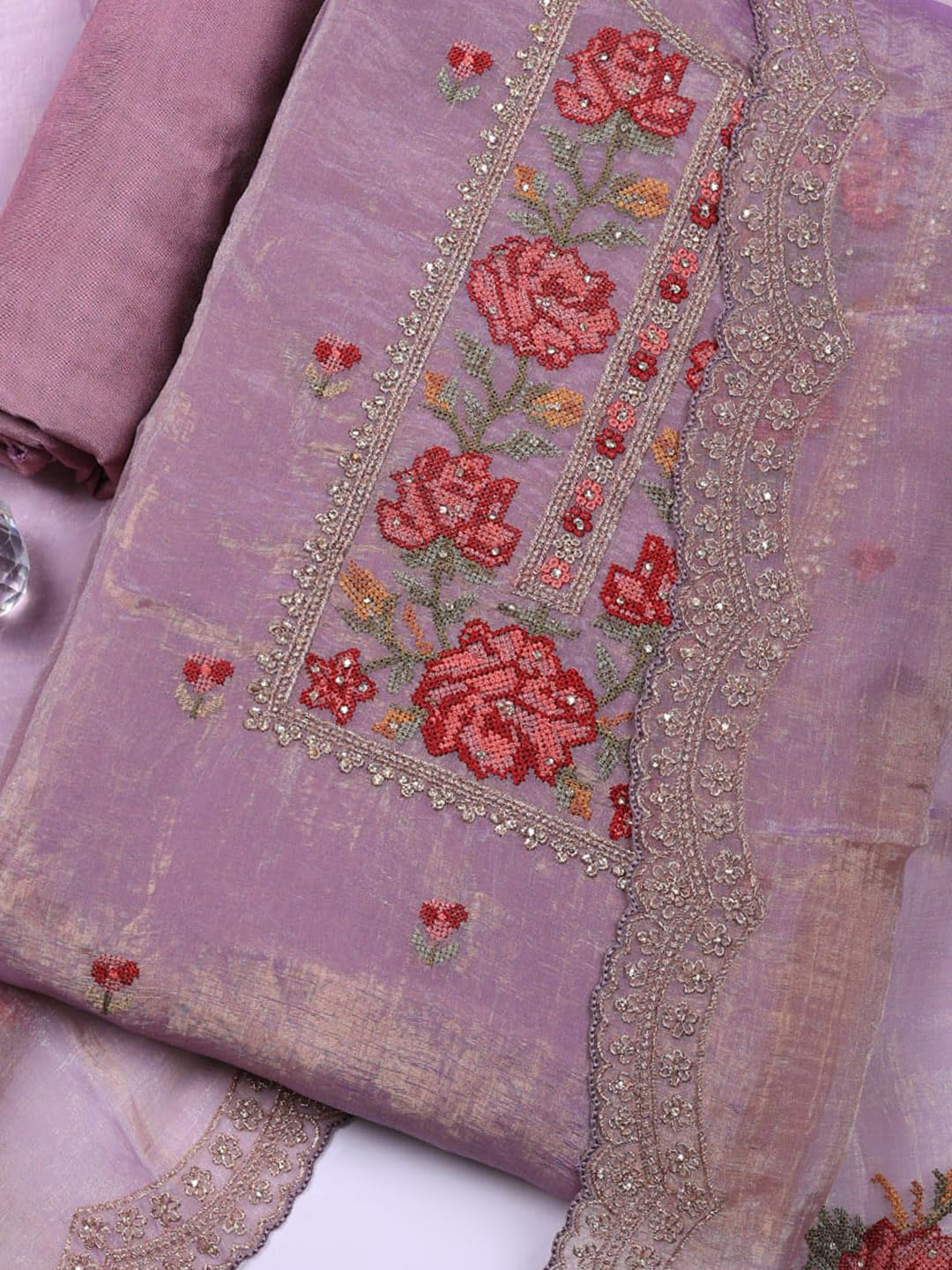 Meena Bazaar Purple Embroidered Tissue Unstitched Suit With Pant & Dupatta