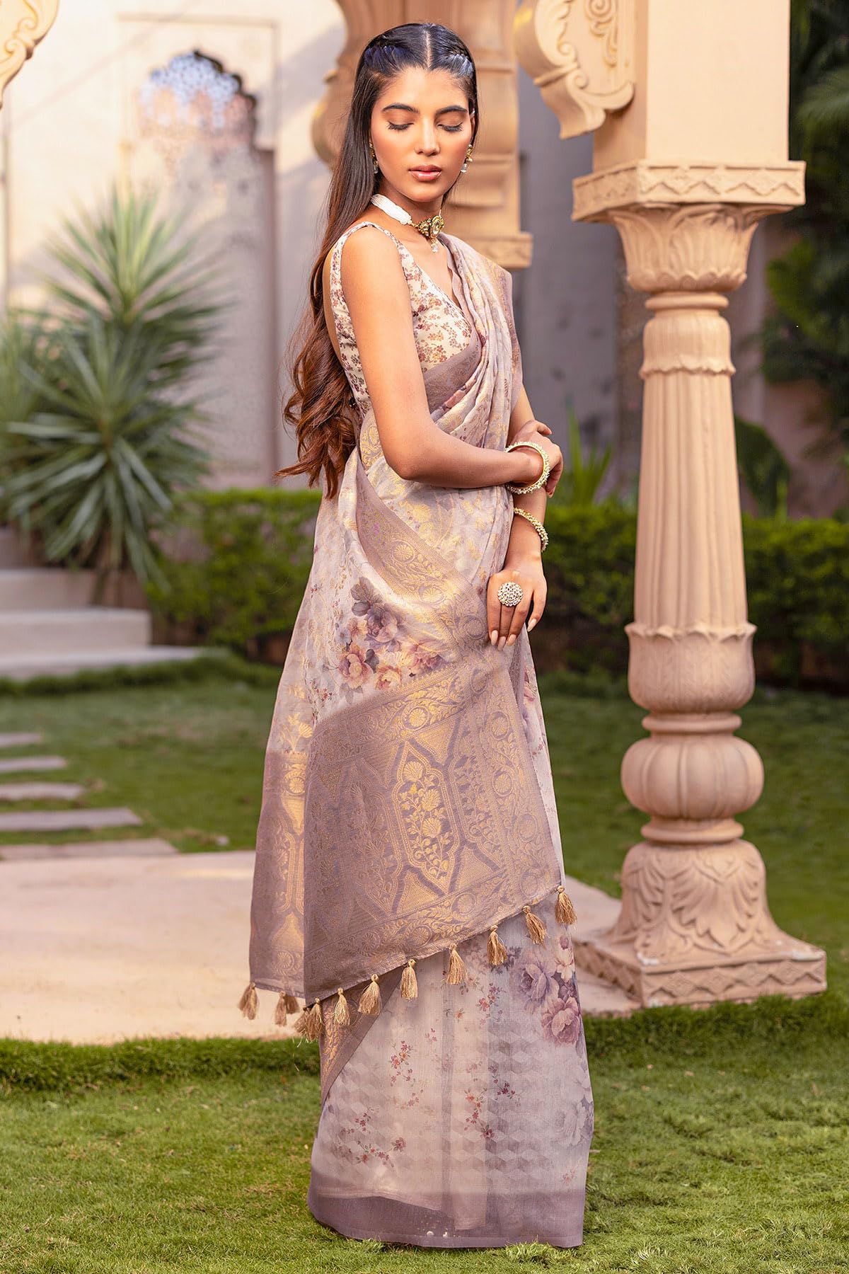 Soch Womens Beige Chanderi Floral Print Saree