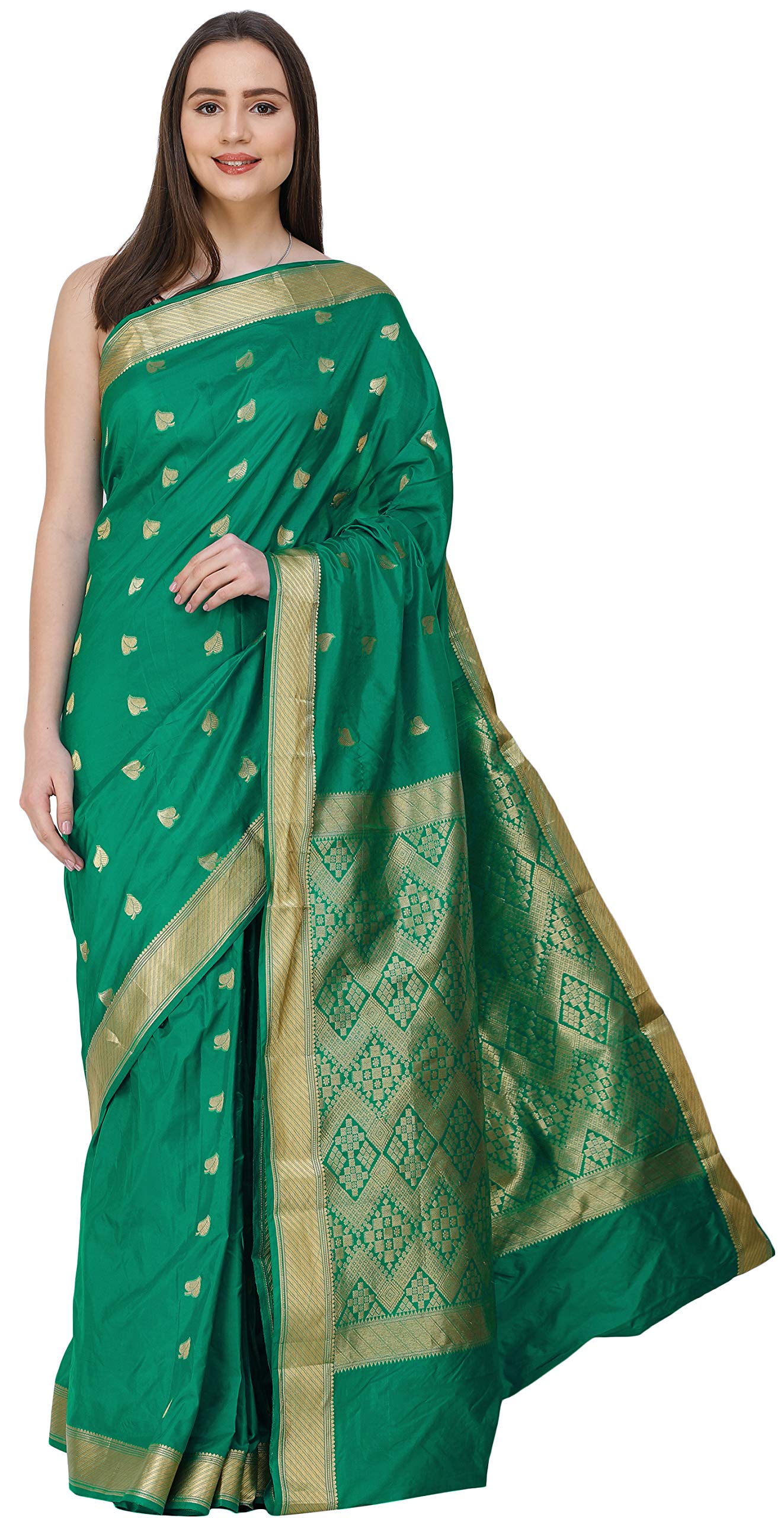 Exotic India Uppada Sari from Bangalore with Zari-Woven Leaves (Green Lake)