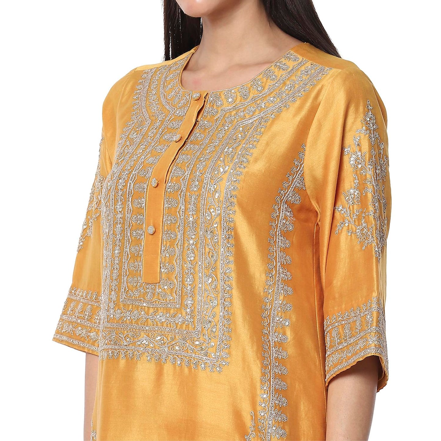 Biba Women's Cotton Blend Kurta Set (SKDMEWAR10863SS25OCRYEL_Ochre Yellow