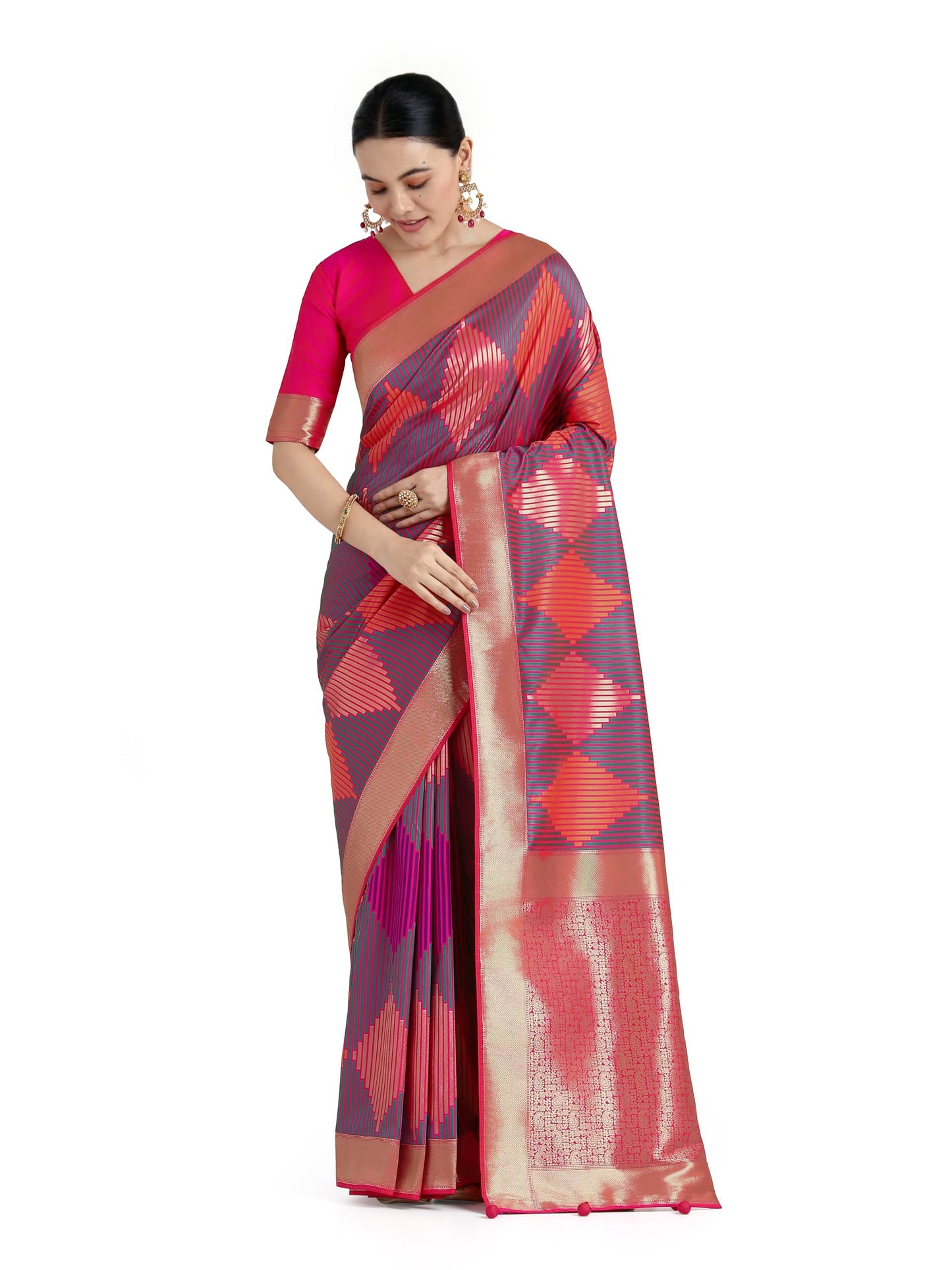 Monjolika Fashion Women's Banarasi Satin Silk Saree with Zari Weaving Geomatric Design Unstitched Blouse Piece