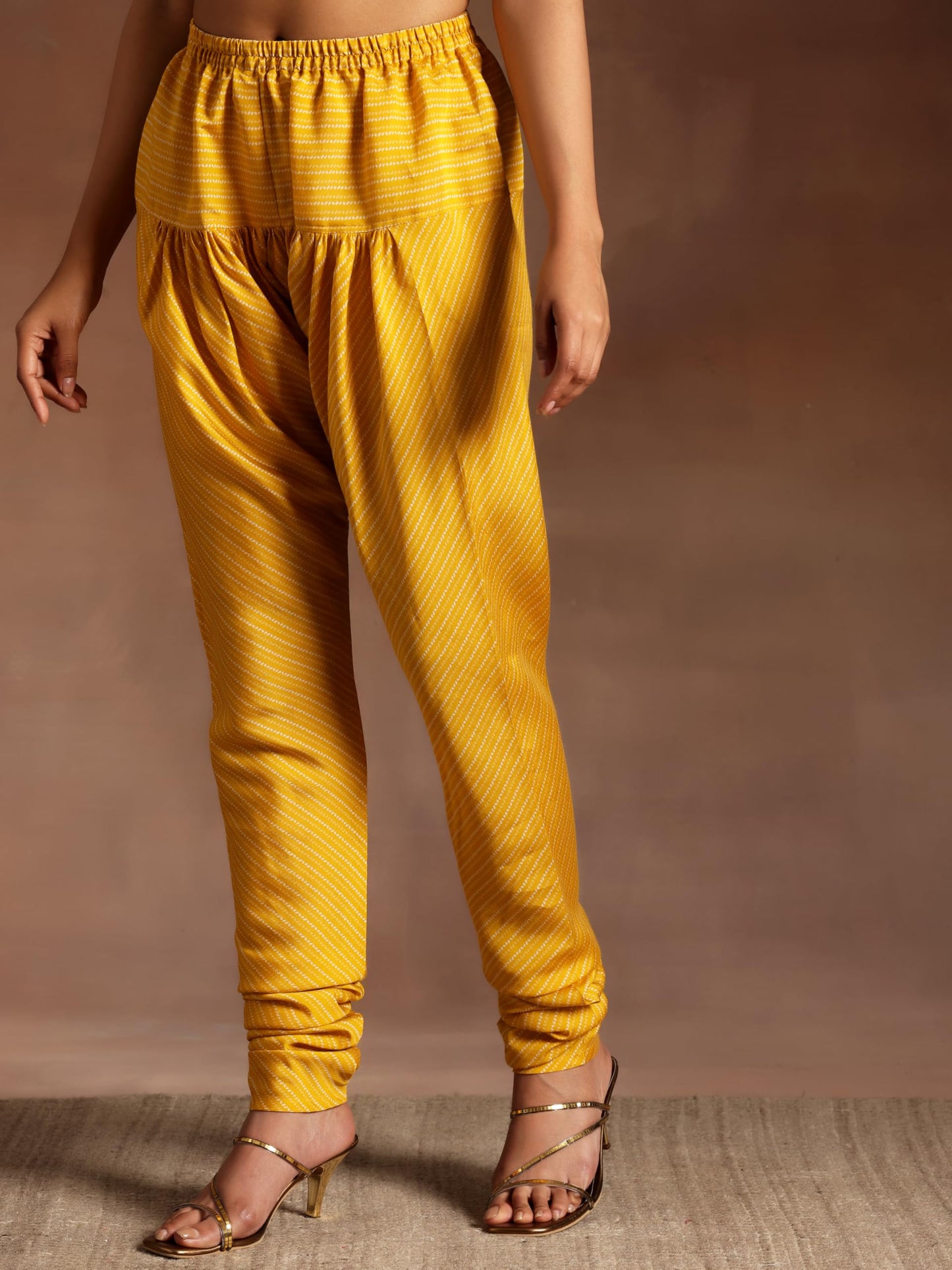 Libas Mustard Printed Silk Blend Anarkali Kurta With Churidar & Dupatta