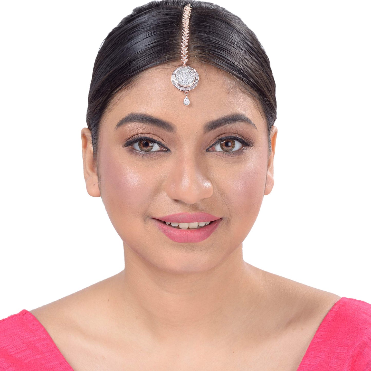 Saraf RS Jewellery-Unique Diamond clustered Maang Tikka round shaped Rose AD studded for Women & Girls
