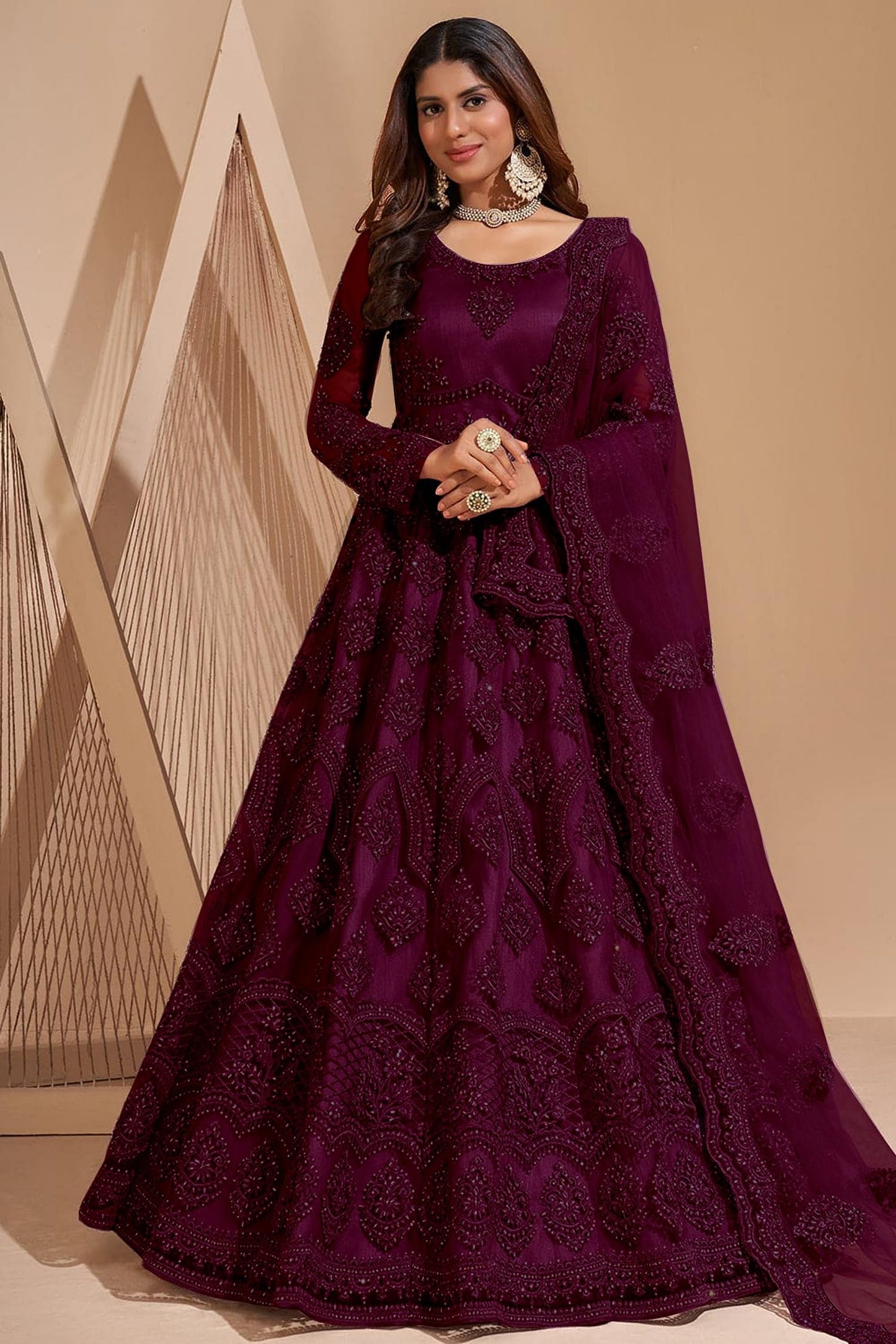 JULEE Women A-Line Maxi Net Embroidered Semi-Stitched Gown (Sunita Gown Dark Rani) 6XL