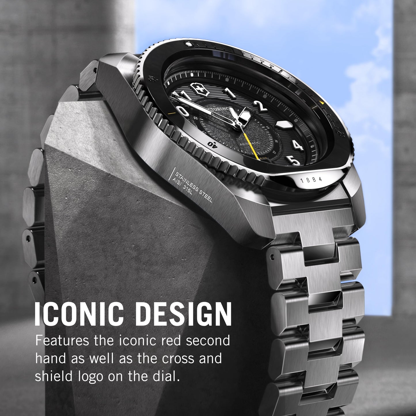 Victorinox Stainless Steel Journey 1884, Automatic Swiss Made Men's Analog Watch, Black Dial, 43 Mm, Water Resistant Up To 200 M, Sellita Sw 200-1 Movement, Wrist Watch For Men | 241981,Silver Band