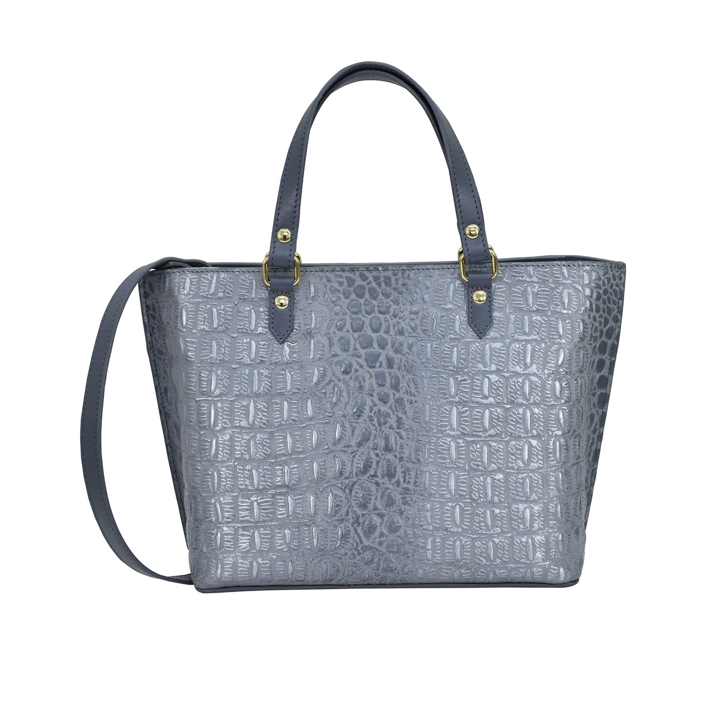 Anuschka Women’s Hand-Painted Genuine Leather Small Tote - Croco Embossed Silver/Grey