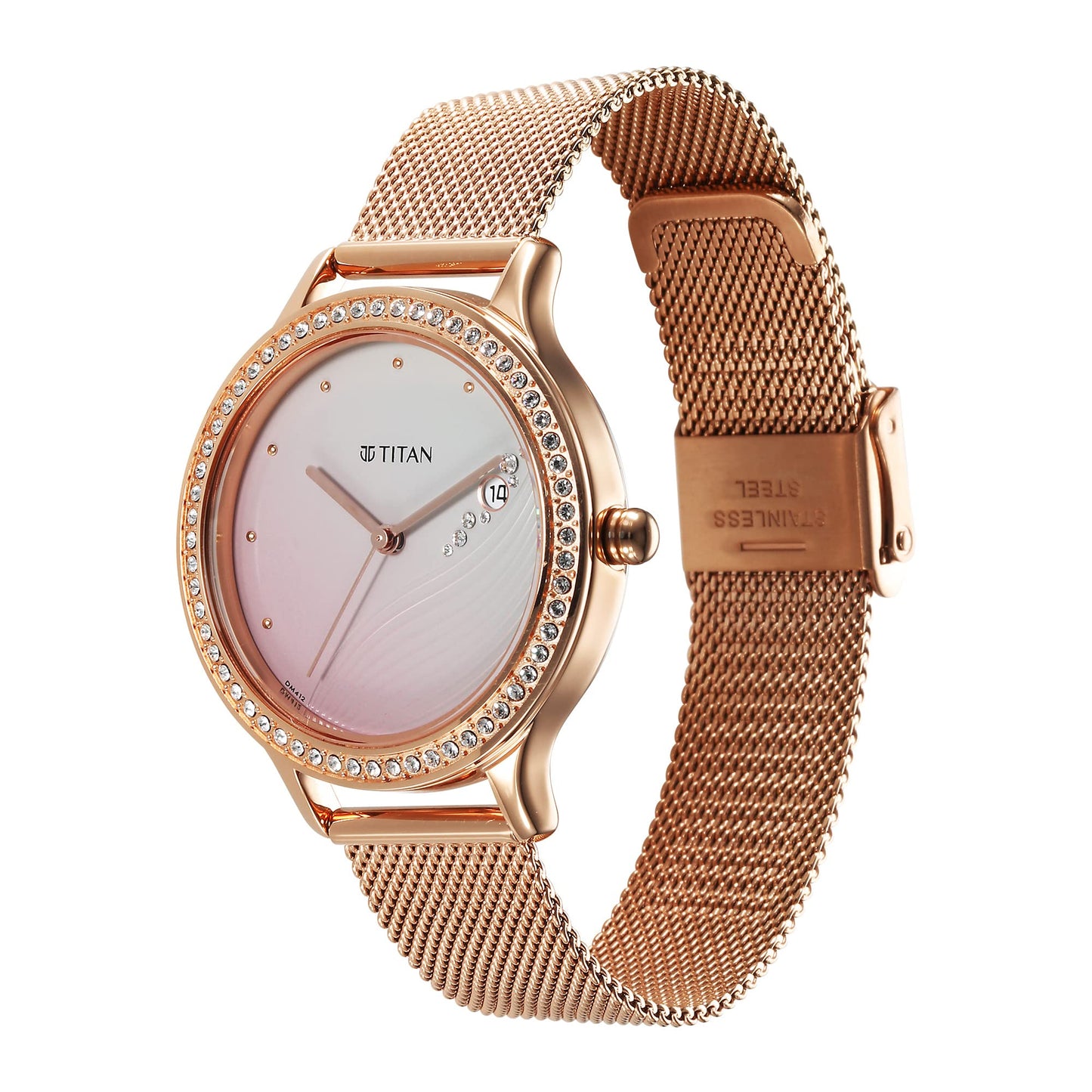 Titan Purple Glam It Up Quartz Analog with Date Pink Dial Rose Gold Stainless Steel Strap Watch for Women - NT2634WM05