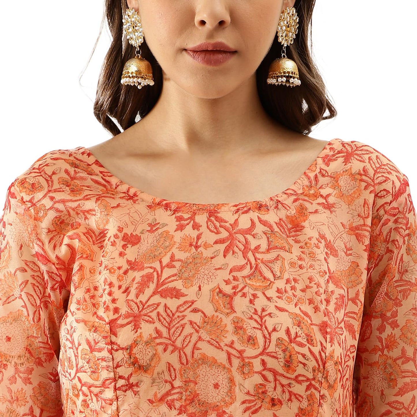 Divena Orange Floral Print Organza Anarkali Kurta set with Dupatta