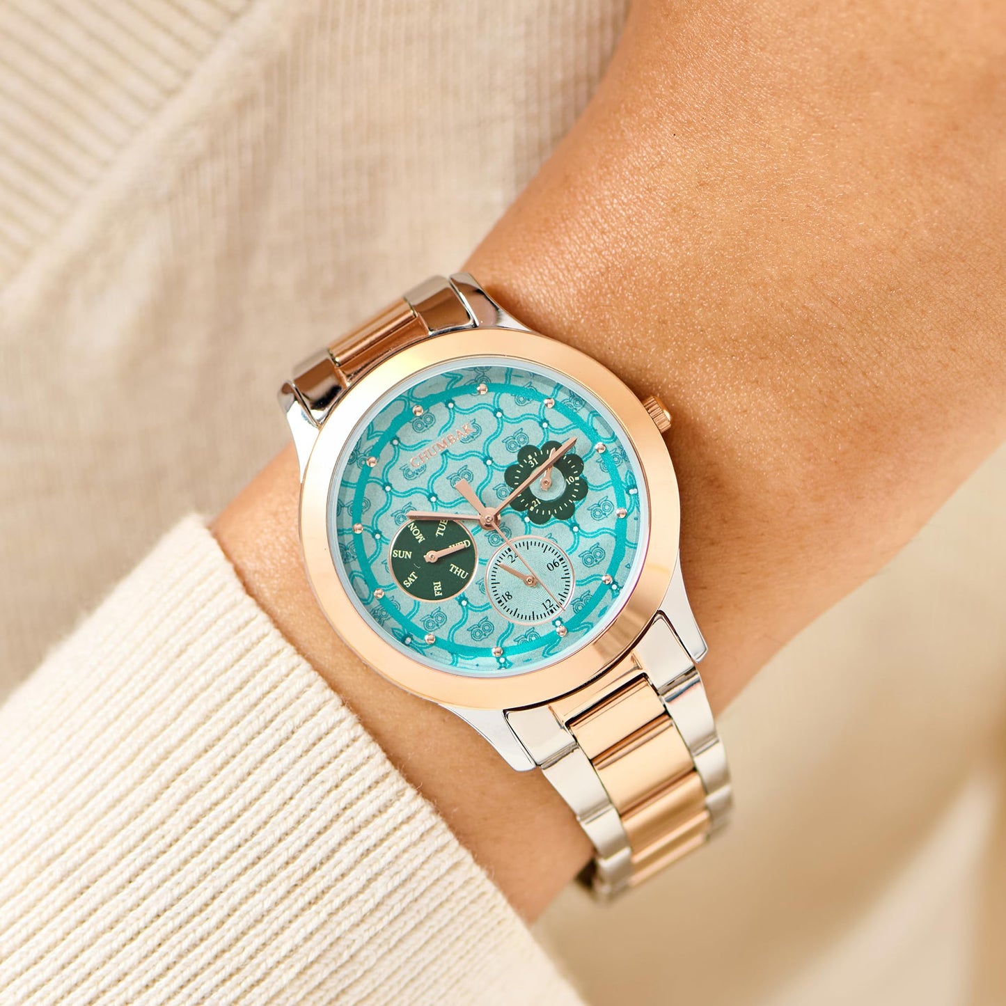 Chumbak Ocean Owl Monogram Metal Watch | Steel & Rosegold Strap with Teal Dial|Stylish Fashion Watch for Casual/Work|Gifts for Women/Girls/Ladies|Wrist Watches for Women