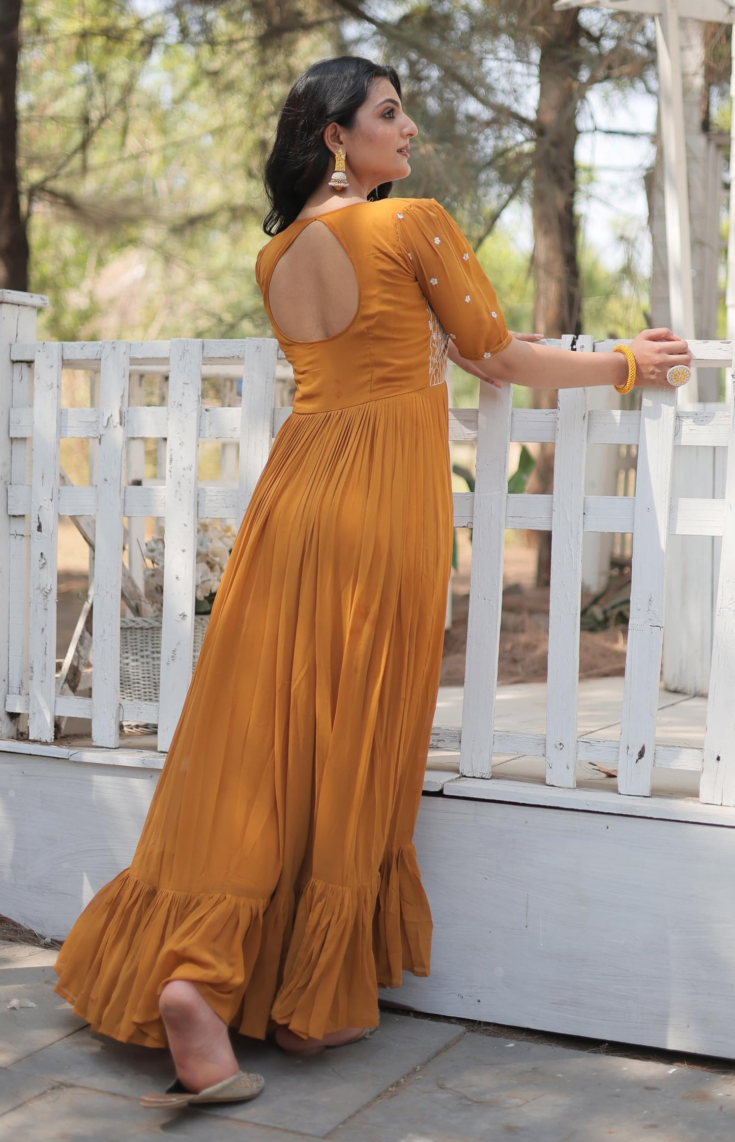 Fashion Basket Georgette Anarkali Gown with Sequins and Embroidery for Women with Long Sleeves (X-Large, Yellow)