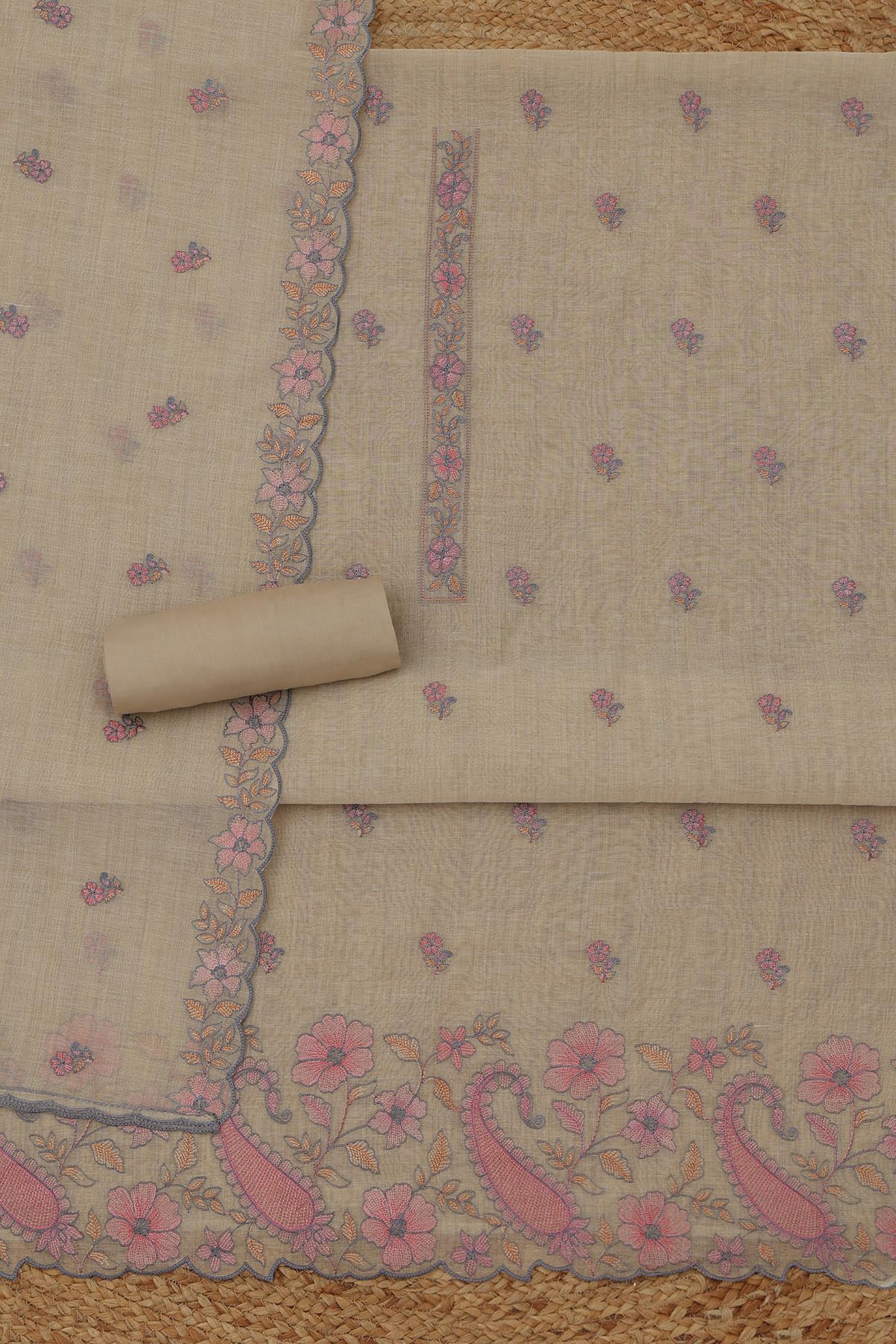 Soch Womens Beige Mul Chanderi Floral Dress Material With Thread Work