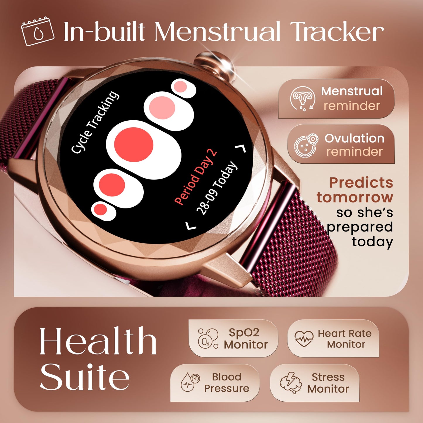 GOBOULT Newly Launched Alora Smart Watch 1.19'' AMOLED Display, BT Calling, Rotating Bezel, 150+Watchfaces, 800 Nits Brightness, AI Voice Assistant, SpO2 Monitoring, 120+ Sports Mode (Red Wine)