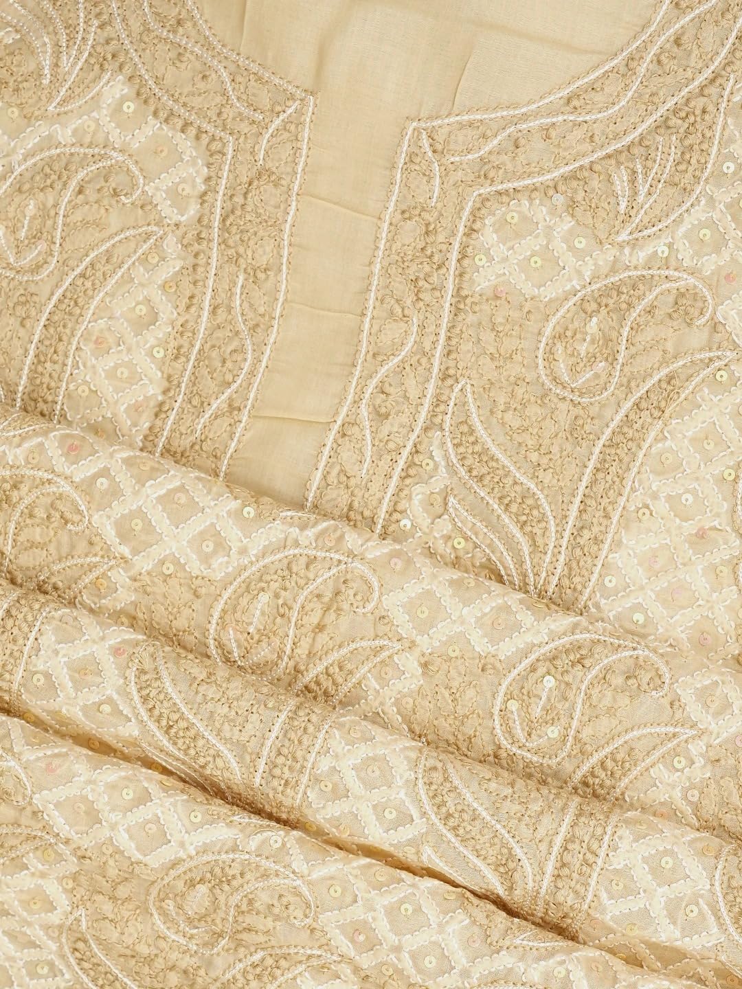 Ada Hand Embroidered Lucknowi Chikankari Unstitched Cotton Dress Material Suit Piece with Dupatta for Women 01A984806 Fawn