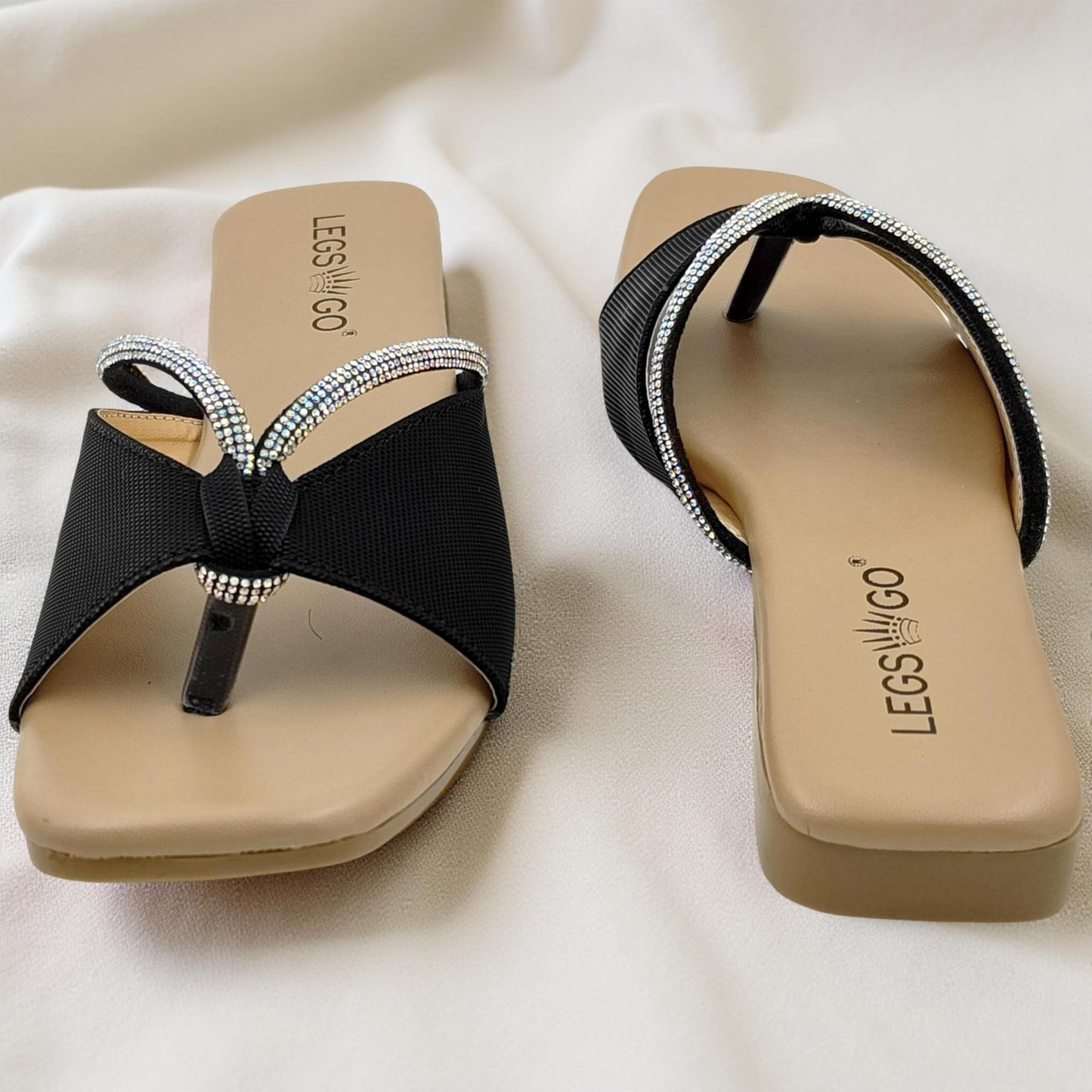LEGS GO Women's Lavender Flat Sandals with Crystal Strap | Comfortable Slip-On for Casual & Occasional Wear (Black, UK Footwear Size System, Adult, Women, Numeric, Medium, 9)