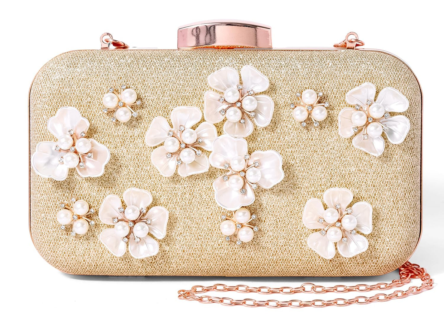 INOVERA (LABEL) Women's Glitter Floral Rhinestone Beaded Evening Party Clutch Wedding Bag Wallet (Rose Gold)