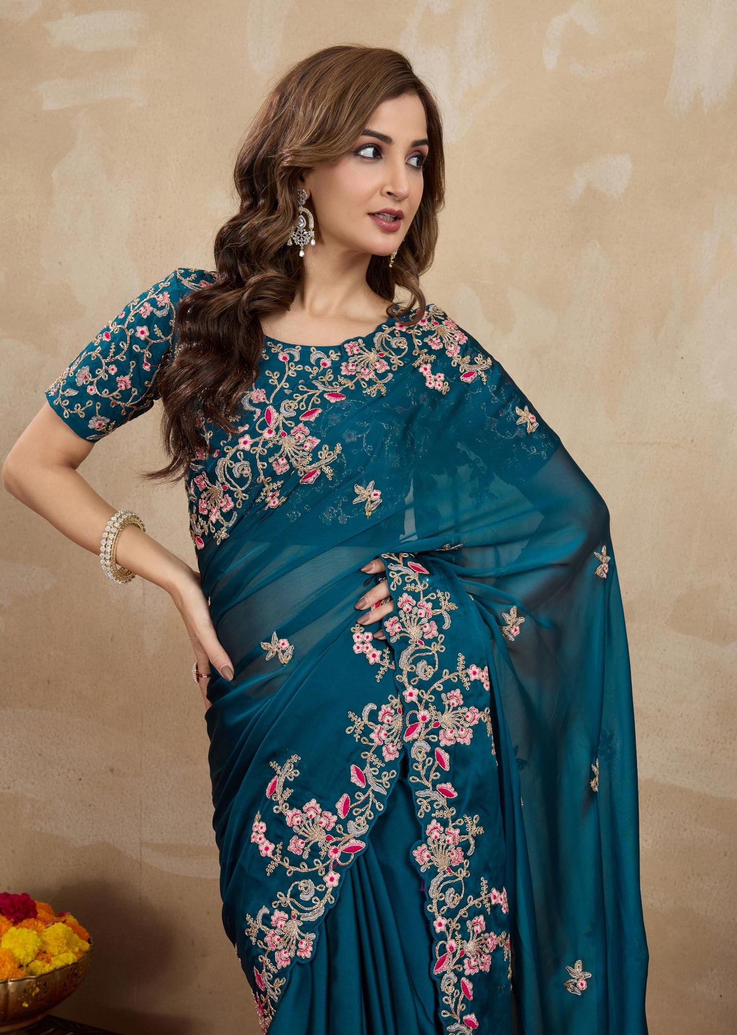TRENDMALLS Women's Rangoli Silk Heavy Embroidred sarees for women (Morpeach)