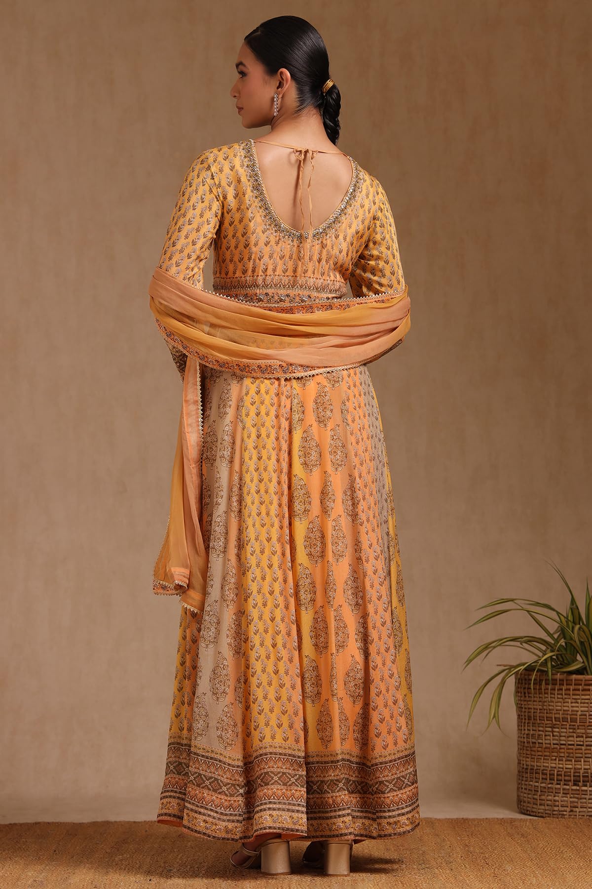 Soch Womens Mustard Viscose Botanical Print Gown with Sequins