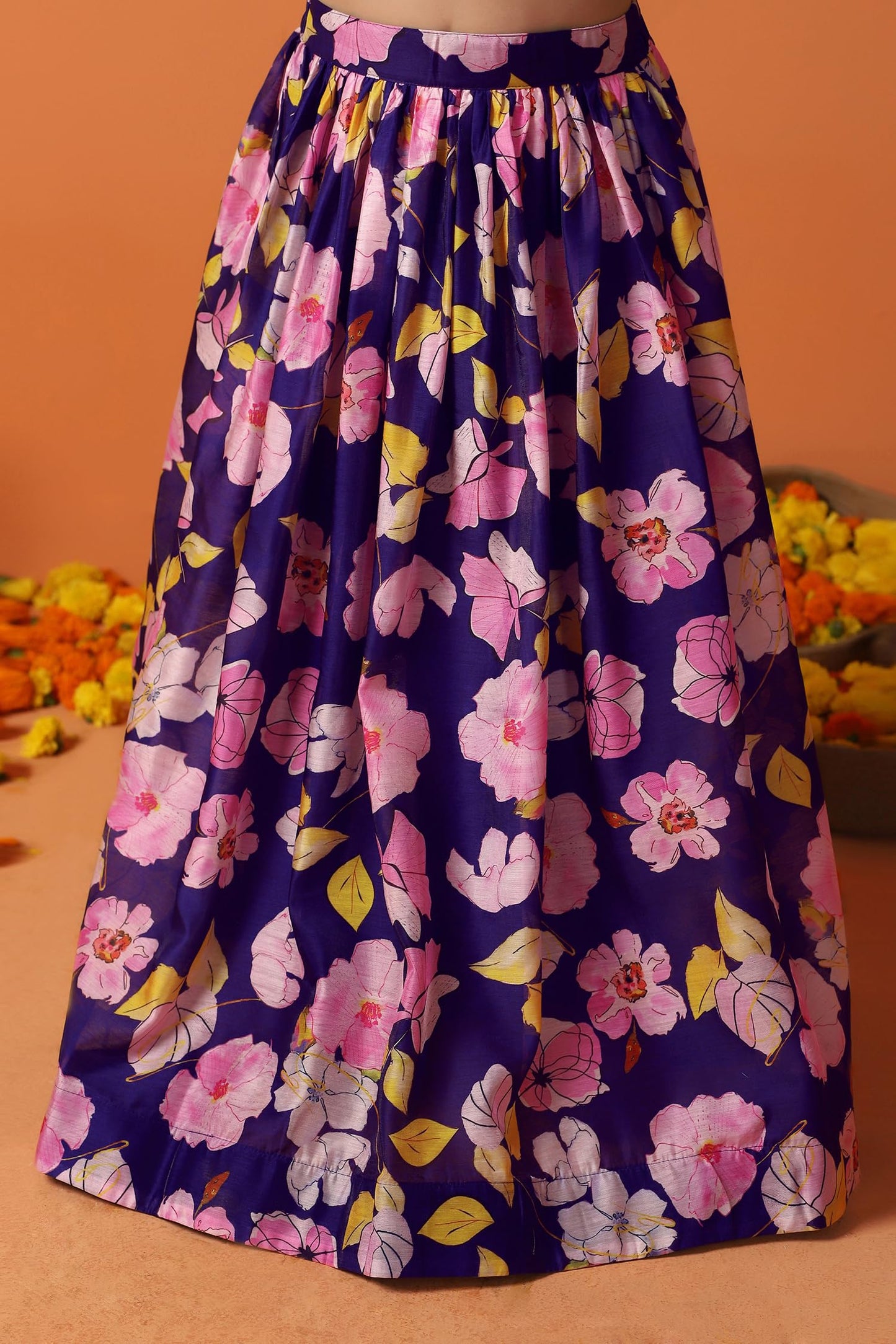 Fashion Dream Girl's Chanderi Silk Printed Lehenga Choli Set|Lehenga Set for Girls|Ethnic Wear for Kids Girls|Lehenga for Kids|Chaniya Choli for Girls (FDGLGC00178 MST 18_Mustard_2-3 Years)