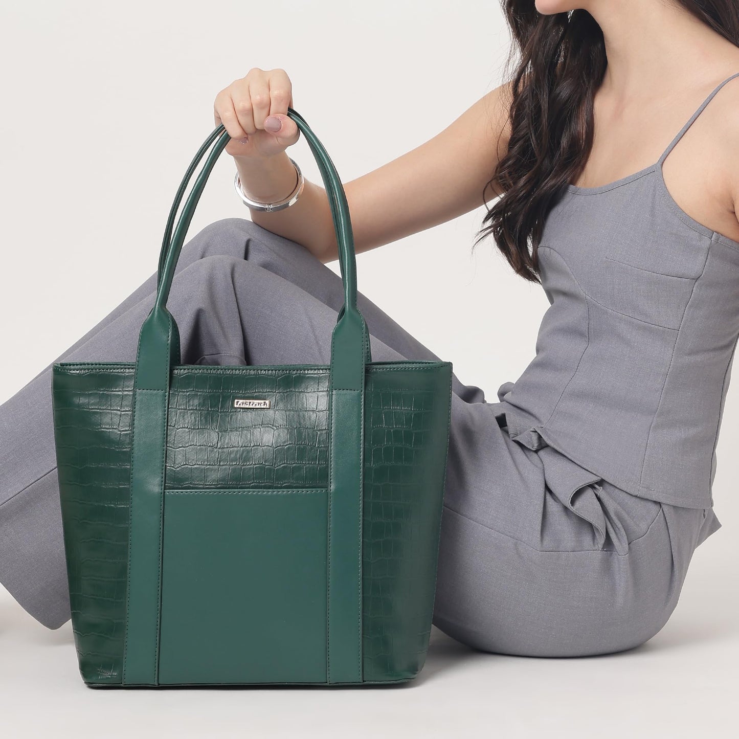 Fastrack Croco Crush Tote | green faux-leather Women's Handbag | Textured Croco Design with Gold Hardware | Double Handles, Zipper Closure & Organised Storage