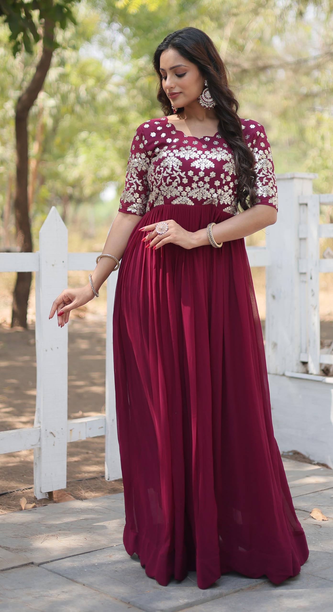 Fashion Basket Women's Georgette Embroidered Anarkali Gown Wine