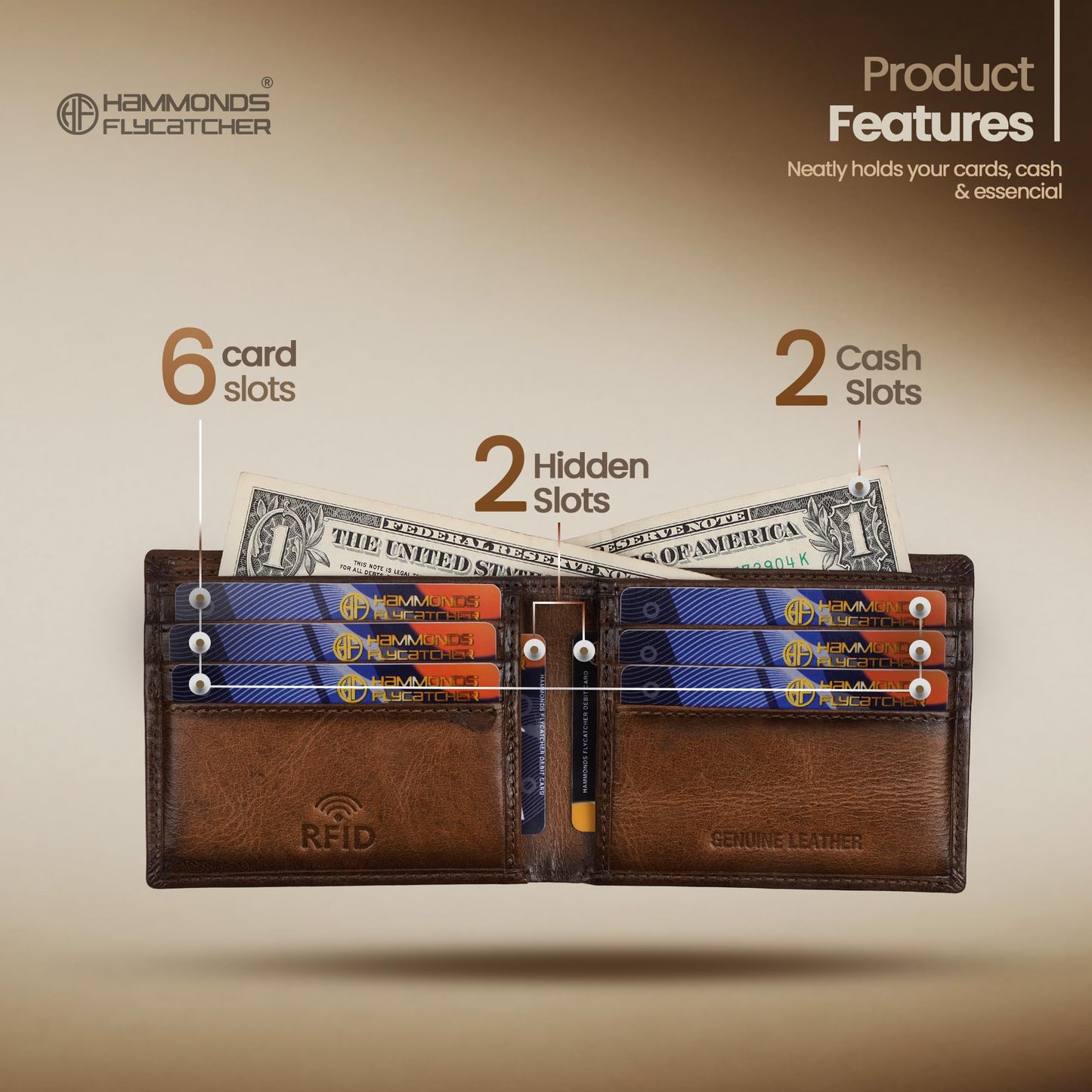 HAMMONDS FLYCATCHER RFID Protected Bi-Fold Wallet for Men Leather Original, Mens Wallet, Leather Wallets for Men, Premium Classic Purse with 6 Card Slots, Coin Pocket, Gift for Mens - Burnt Tan
