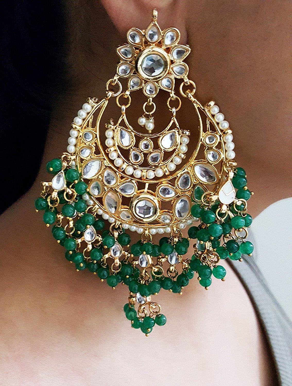 Mehrunnisa Gold Tone Kundan & Green Pearls Pendant Necklace Earrings Set With Simulated Emeralds & Free Kan Chain For Women (JWL1761)
