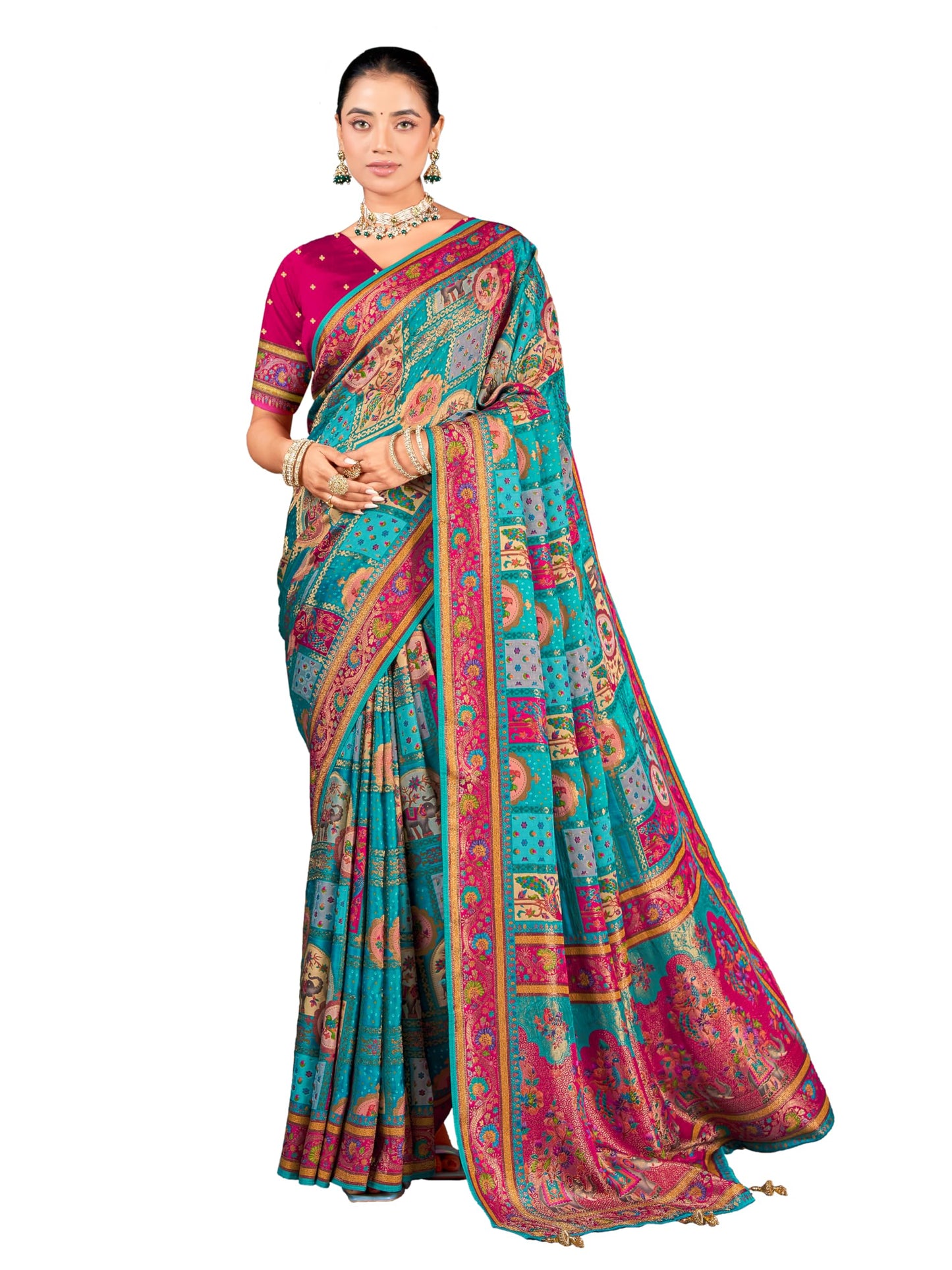 Glory Sarees Women’s Luxurious Dola Satin Pure Silk Original Saree Position Print Work Madhubani Inspired Motifs Banarasi Kanjivaram Style Saree With Blouse Piece (Elegant104_Rama)