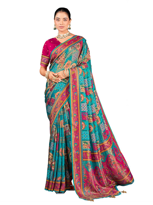 Glory Sarees Women’s Luxurious Dola Satin Pure Silk Original Saree Position Print Work Madhubani Inspired Motifs Banarasi Kanjivaram Style Saree With Blouse Piece (Elegant104_Rama)