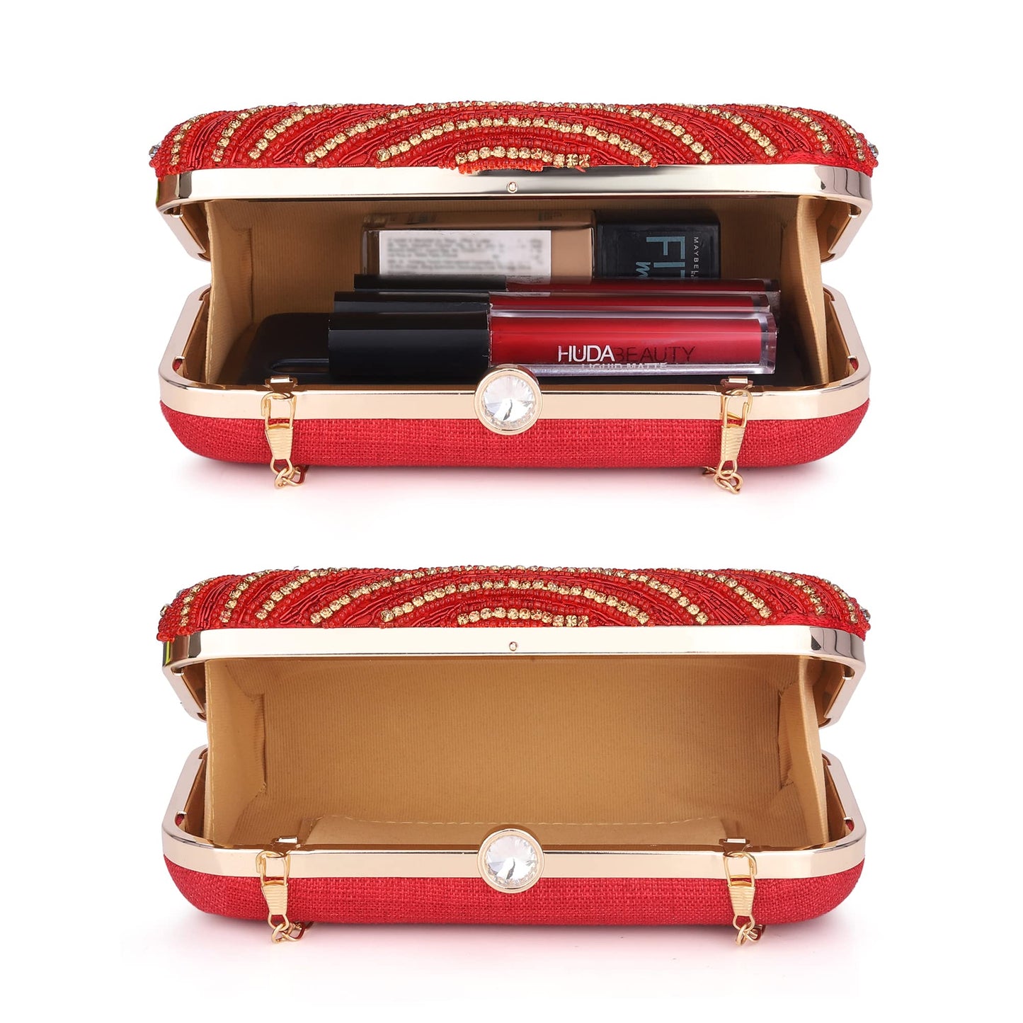 The Clownfish Emerald Collection Womens Party Clutch Ladies Wallet Evening Bag with Fashionable Round Corners Beads Work Floral Design (Red)