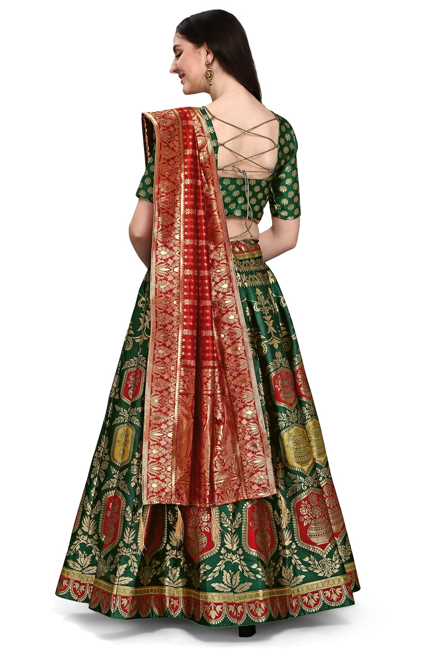 PURVAJA Women's Jacquard Semi-Stitched Lehenga choli (Kalash-D-Green_Green_Free Size)