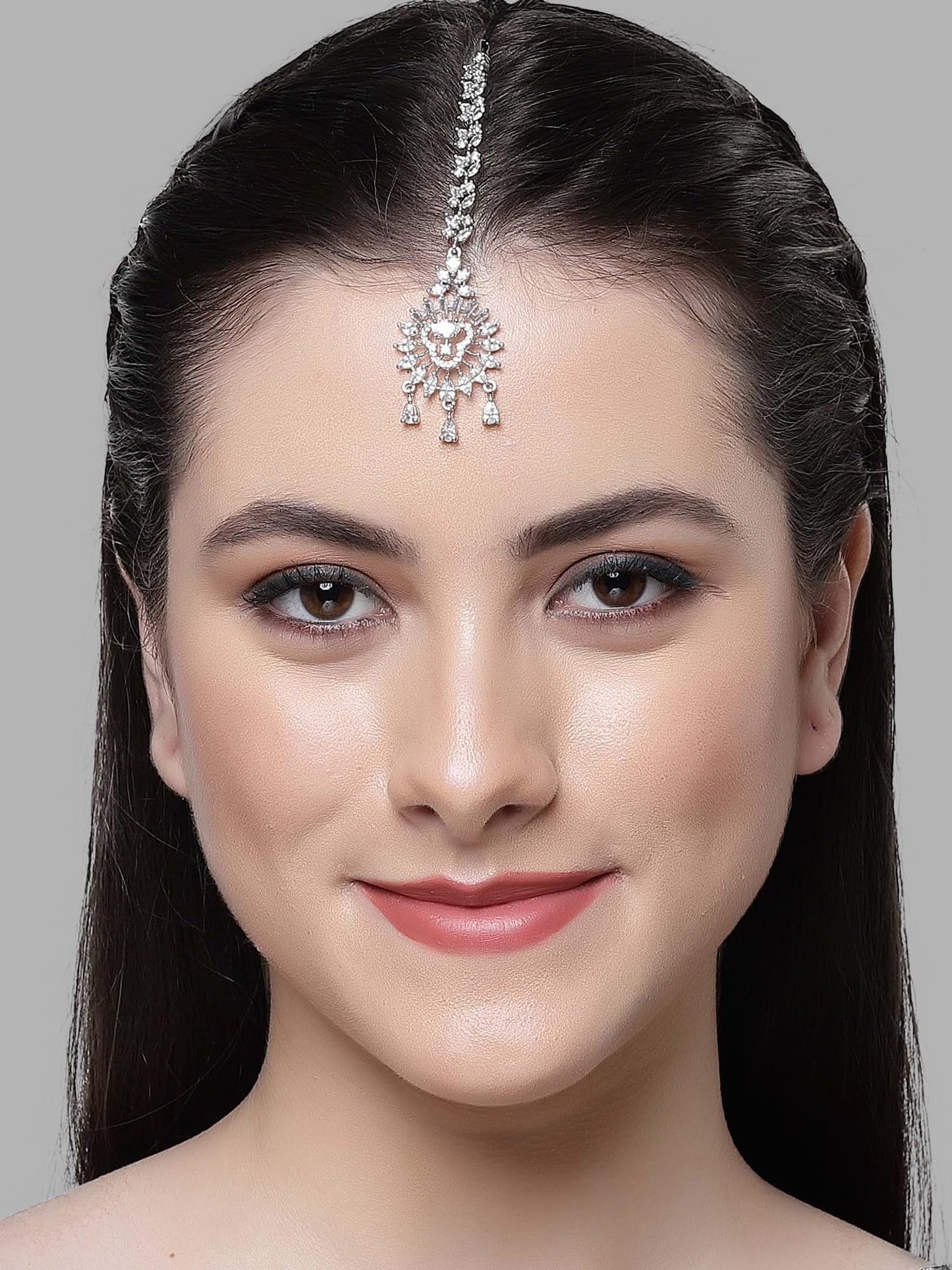 Karatcart Silver Plated American Diamond Studded Maangtikka for Women