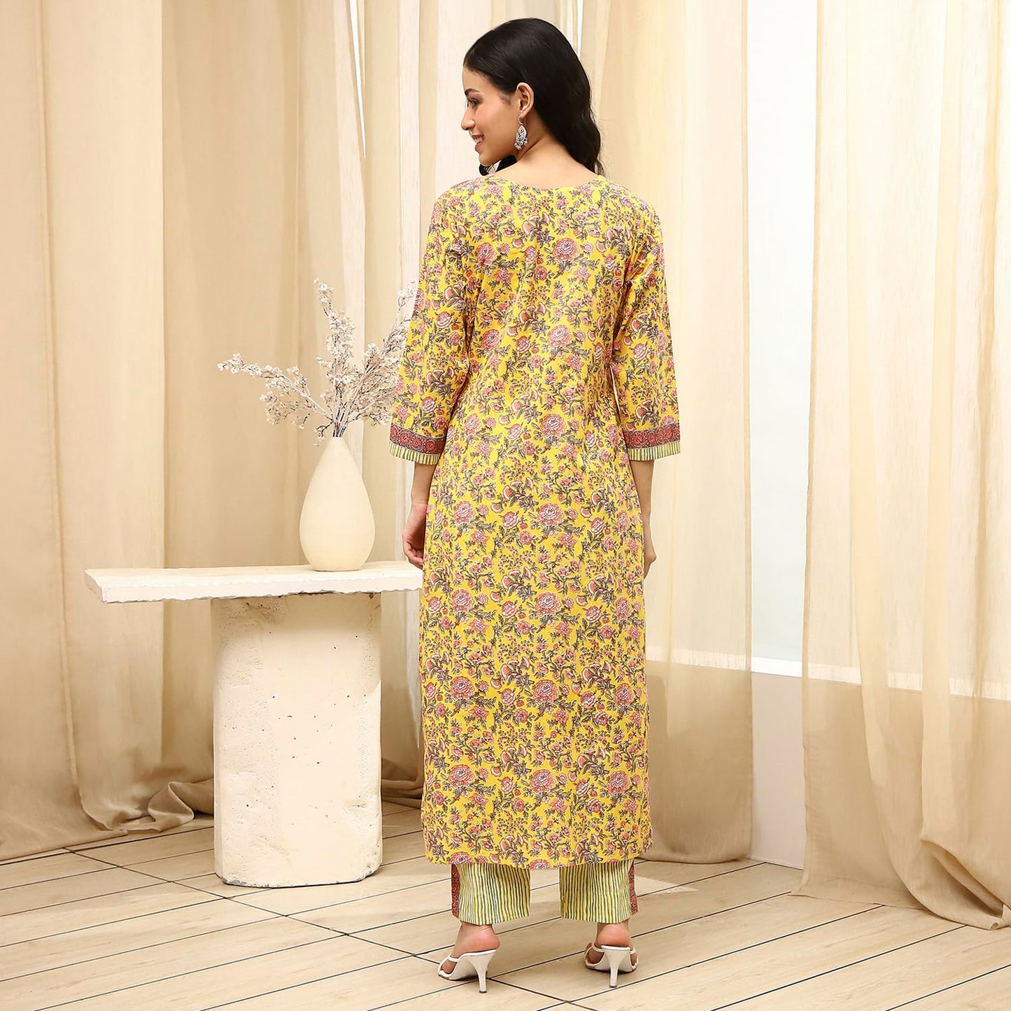 BIBA Women Yellow Cotton Screen Print Unstitched Suit Set_FREE SIZE