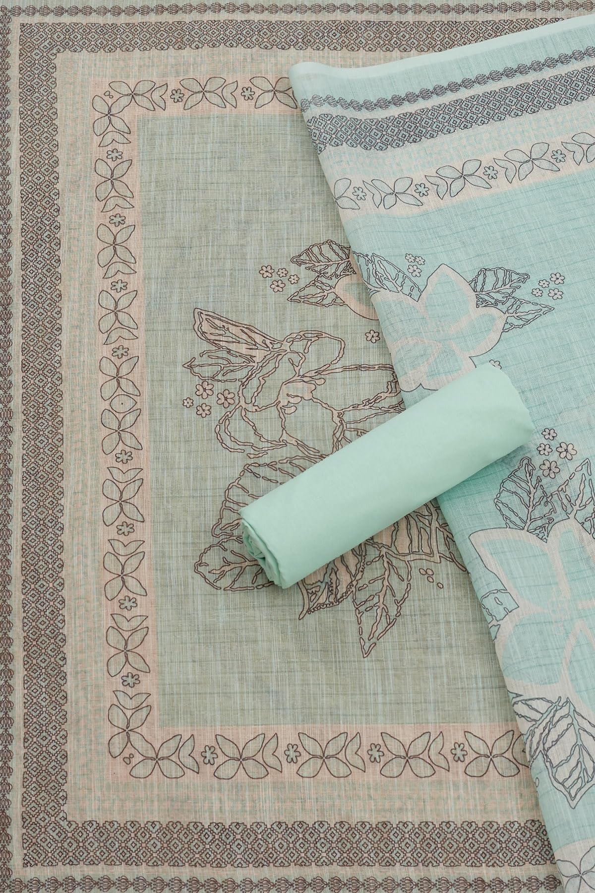 Soch Womens Turquoise Blue Linen Foil Print Unstitch Dress Material With Thread Work