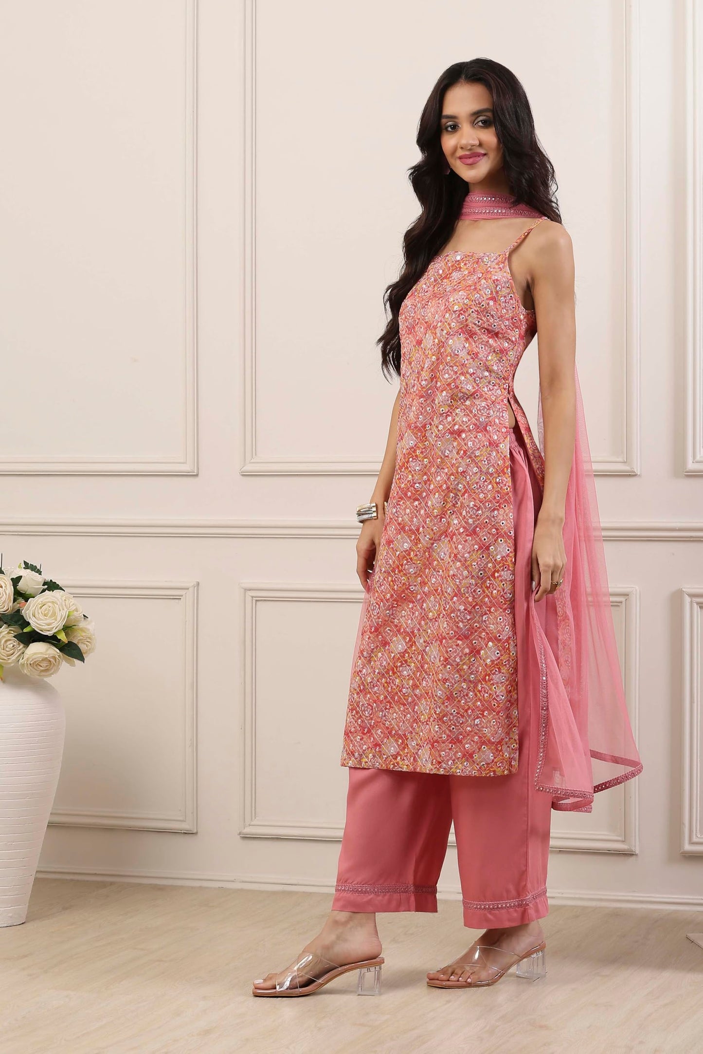 Biba Women Peach Poly Georgette Straight Suit Set_30