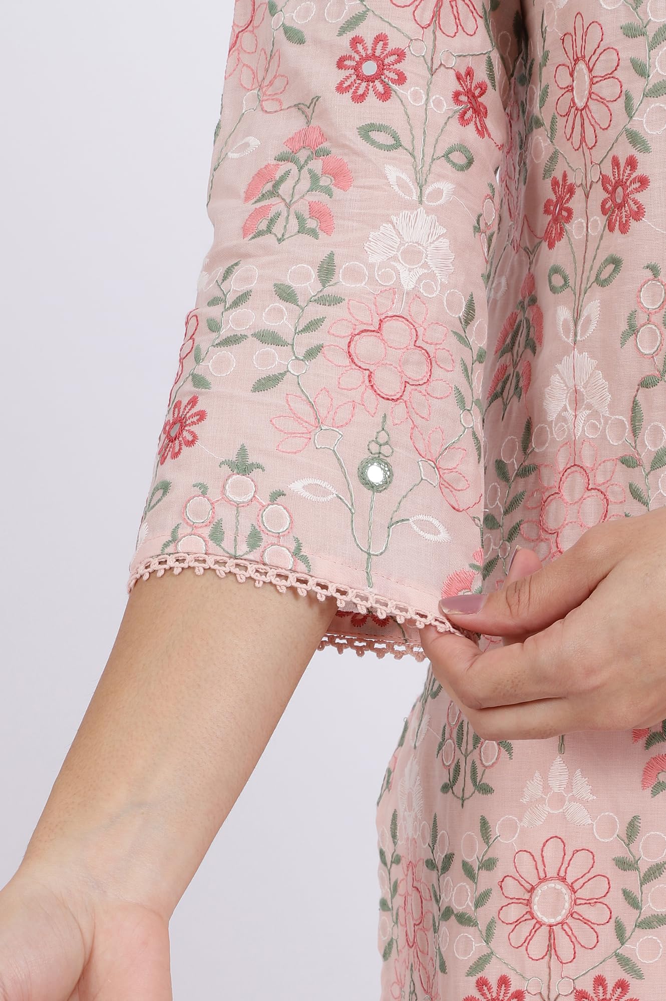 W for Woman Embroidered Lace Pure Cotton Straight Kurta & Straight pant with Dupatta Set (Size: M)-WS12421-400788