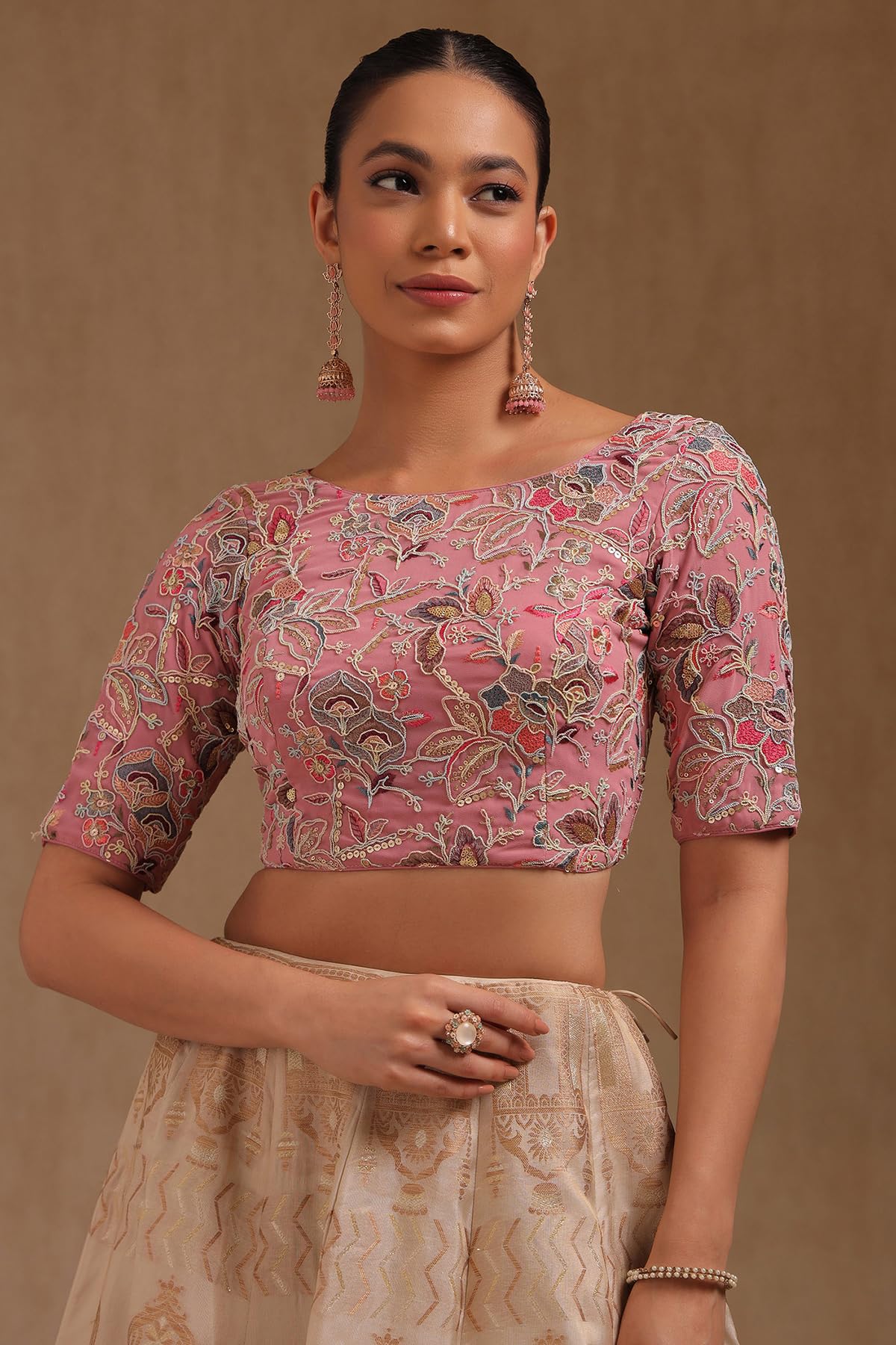 Soch Womens Onion Pink Georgette Embroidered Padded Blouse with Sequins