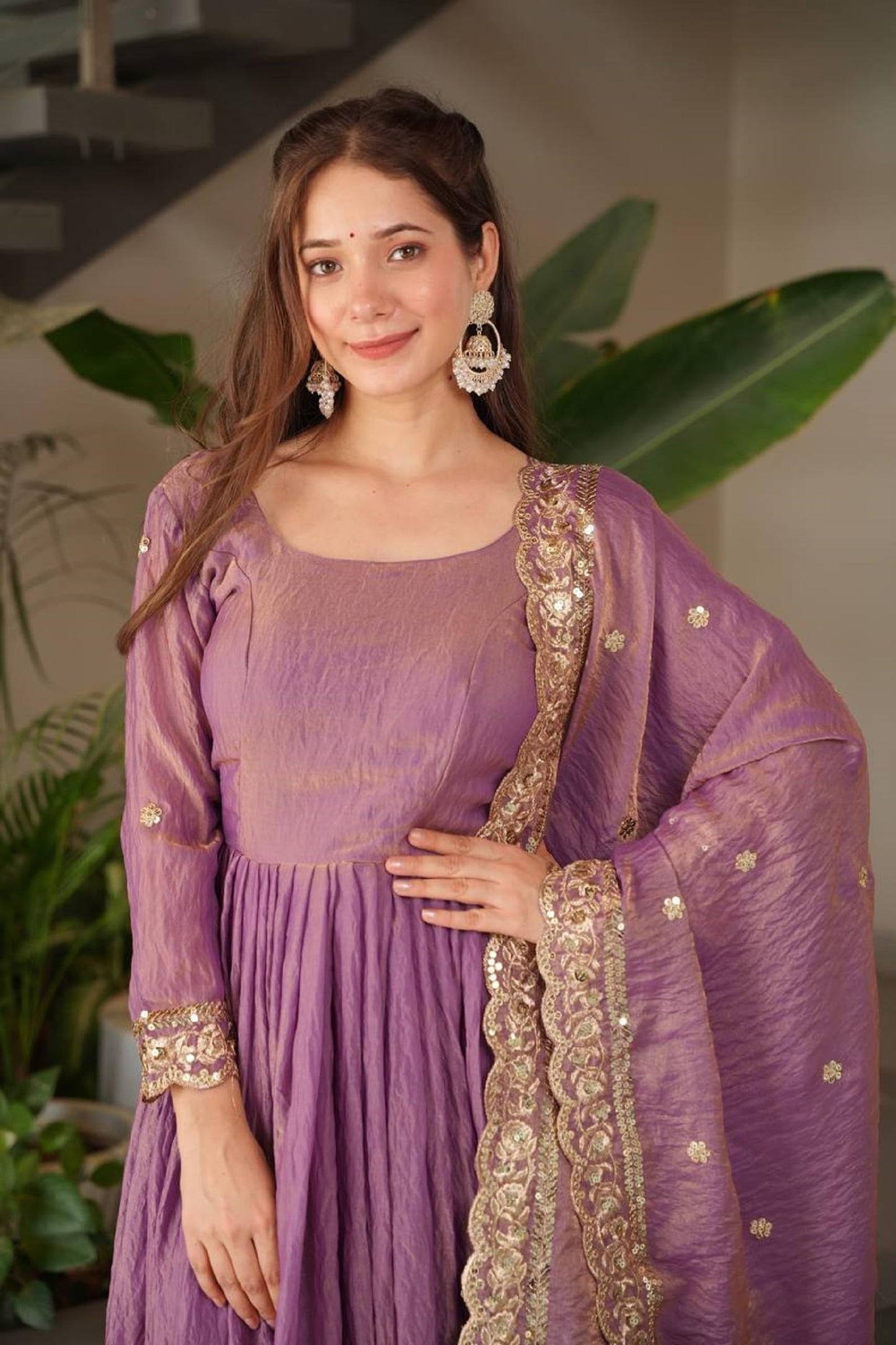 StyleSync Women Fandy Silk Anarkali kurta with Dupatta Embroidery Sequins Work Full Length Ethnic Wear for Festive Occasion (Mauve Purple, XXL)